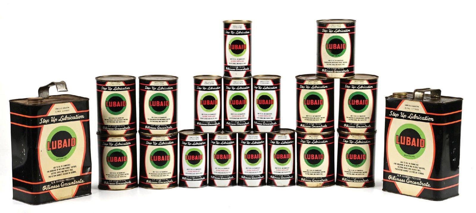 COLLECTION OF 19: ASSORTED LUBAID CANS: Collection Consists Of: Two 1 gallon cans, eight 1 pint cans and nine 1 quart cans. CONDITION: Each in good condition showing various areas of wear, ranging from grade 9.0 to 7.0. Condition: (Various)