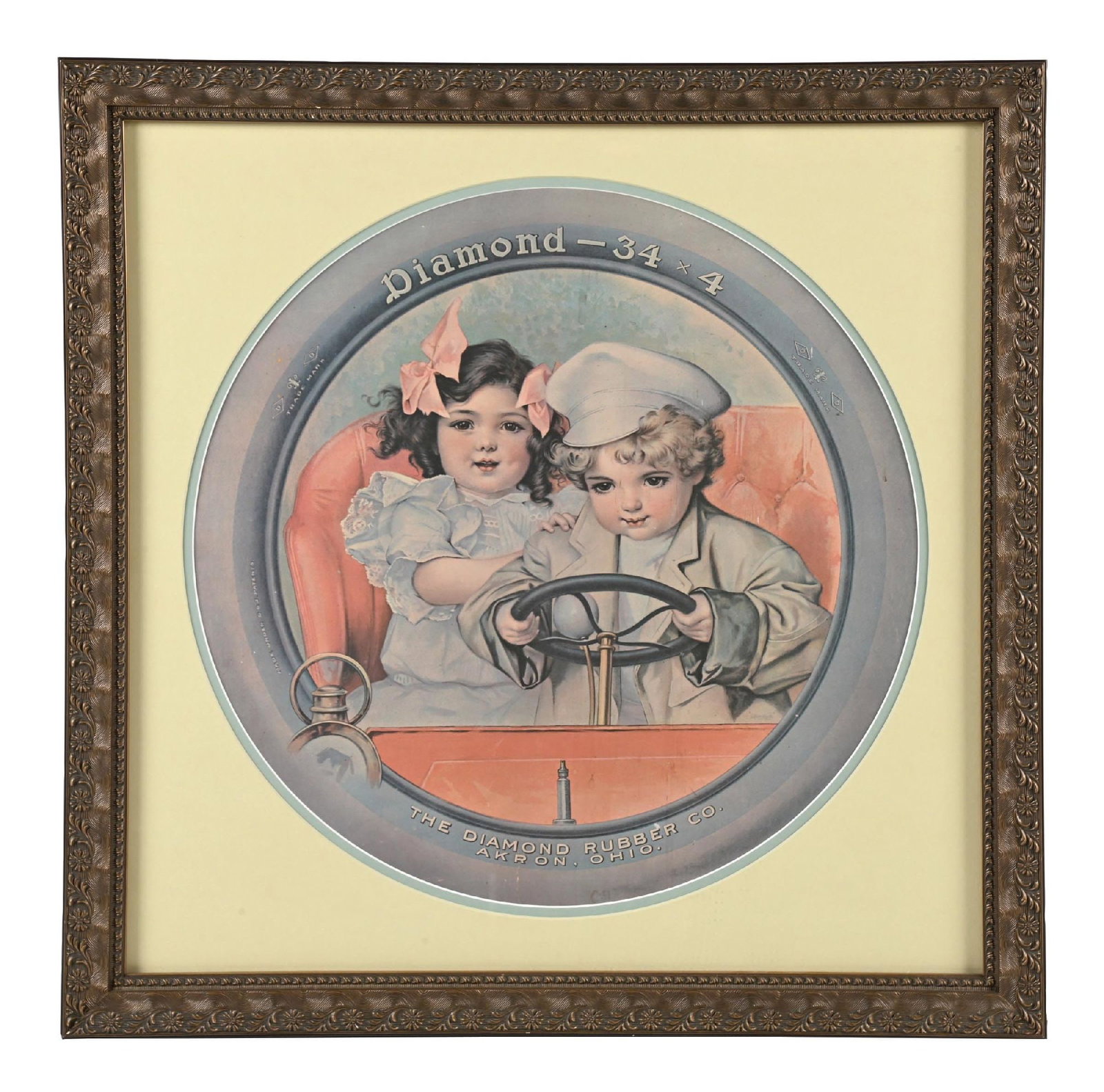 DIAMOND TIRES FRAMED DEALERSHIP POSTER W/ TIRE & CHILDREN DRIVING GRAPHIC (1 of 2)