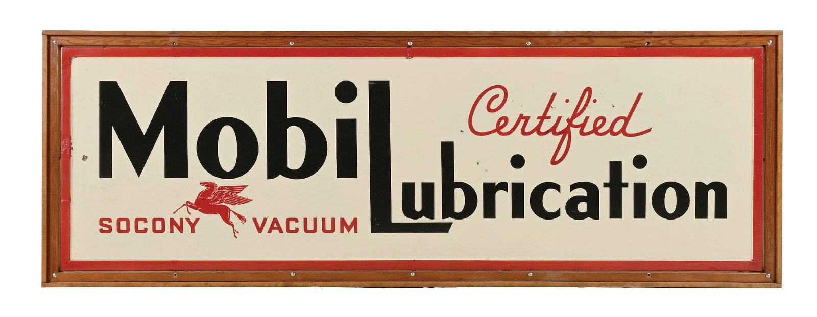 SOCONY VACUUM CERTIFIED MOBIL LUBRICATION PORCELAIN SIGN IN WOOD FRAME (1 of 2)