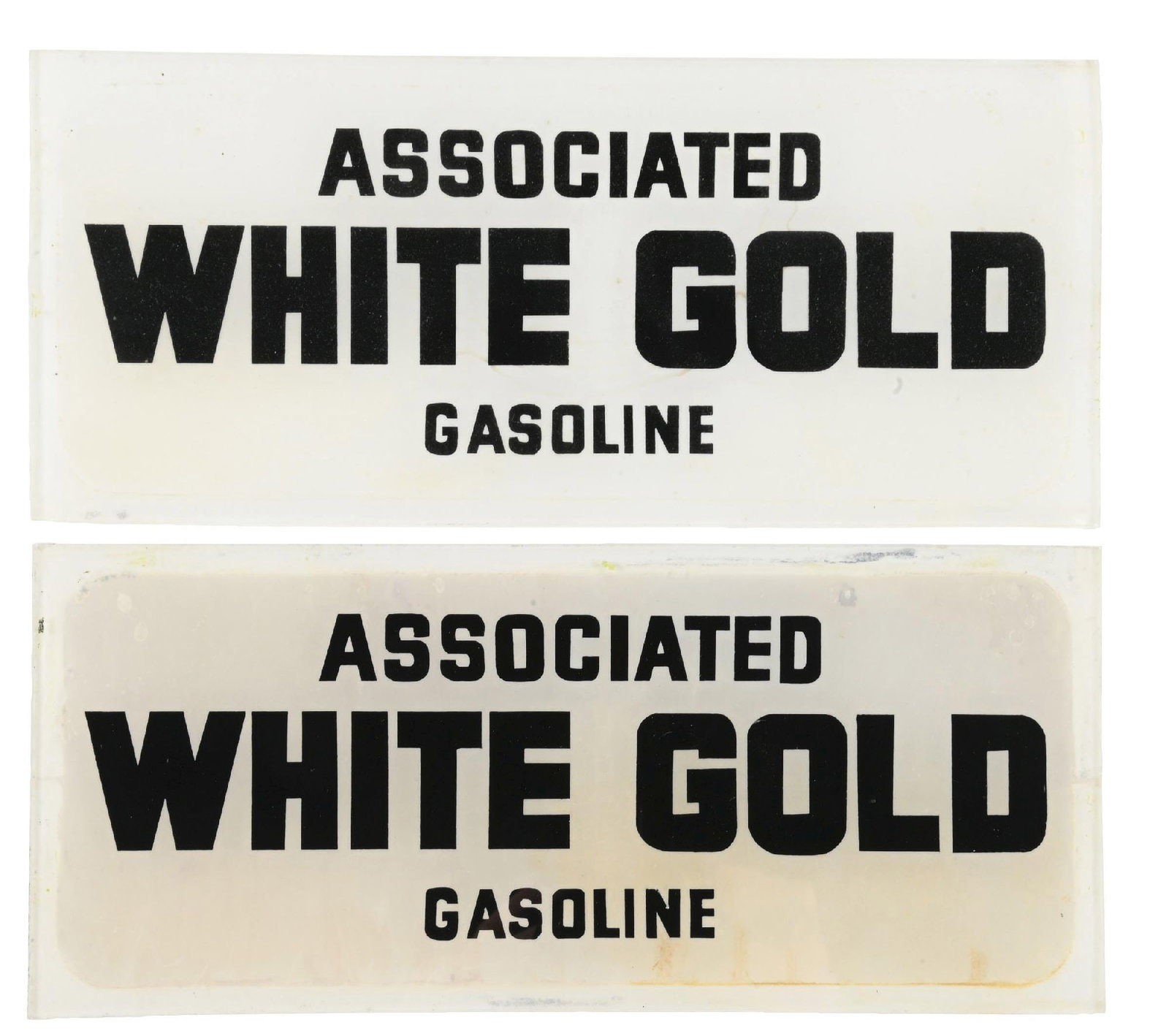 COLLECTION OF 2: ASSOCIATED WHITE GOLD GASOLINE AD GLASS PANELS: Set Of Two: CONDITION: Each showing very good color with clean lettering in the fields. Minor areas of light surface wear, with panel two showing some discoloration to the white. Outer edges in very g