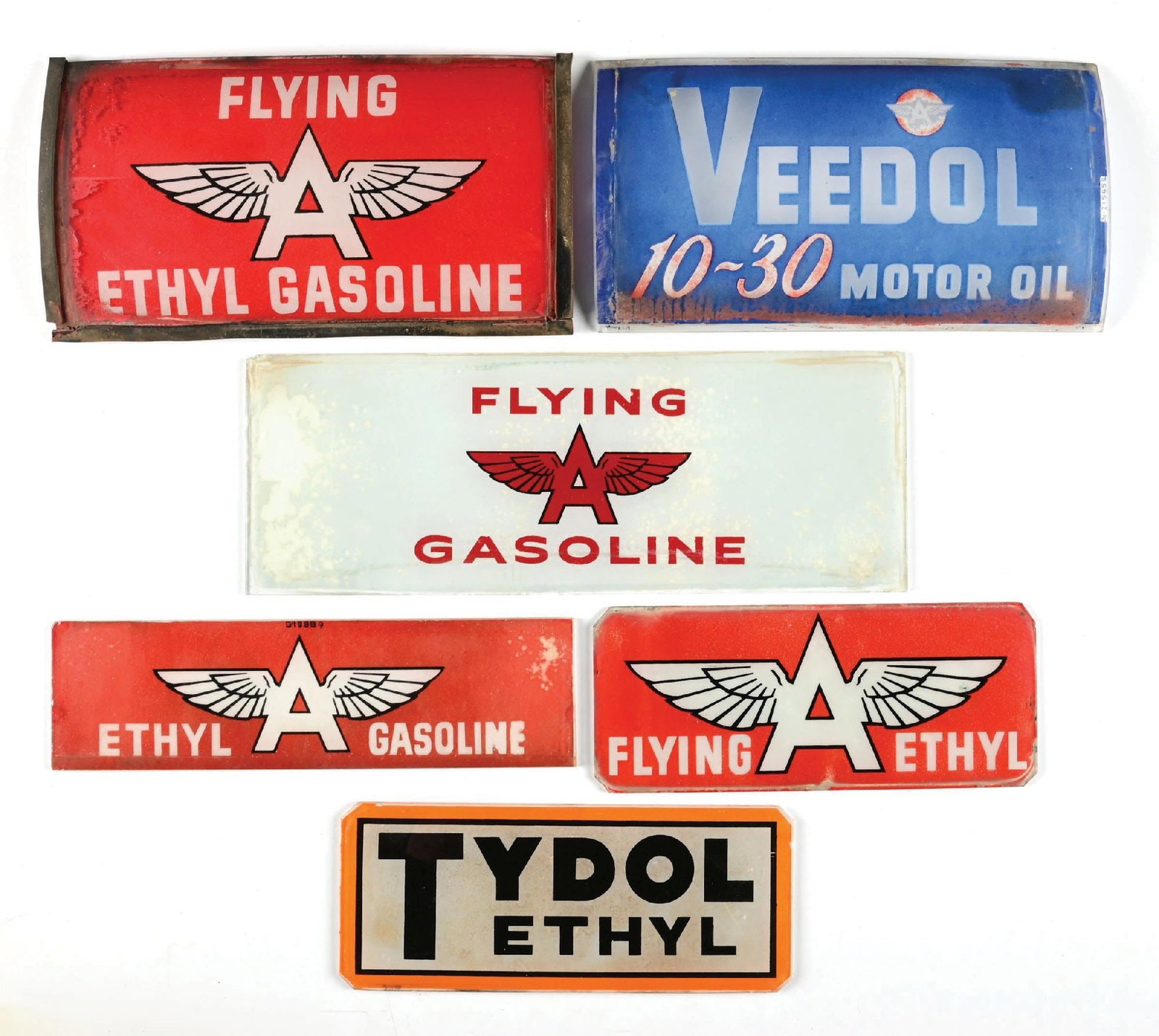 COLLECTION OF 6: VARIOUS TYDOL, VEEDOL AND FLYING A AD GLASS PANELS (1 of 2)