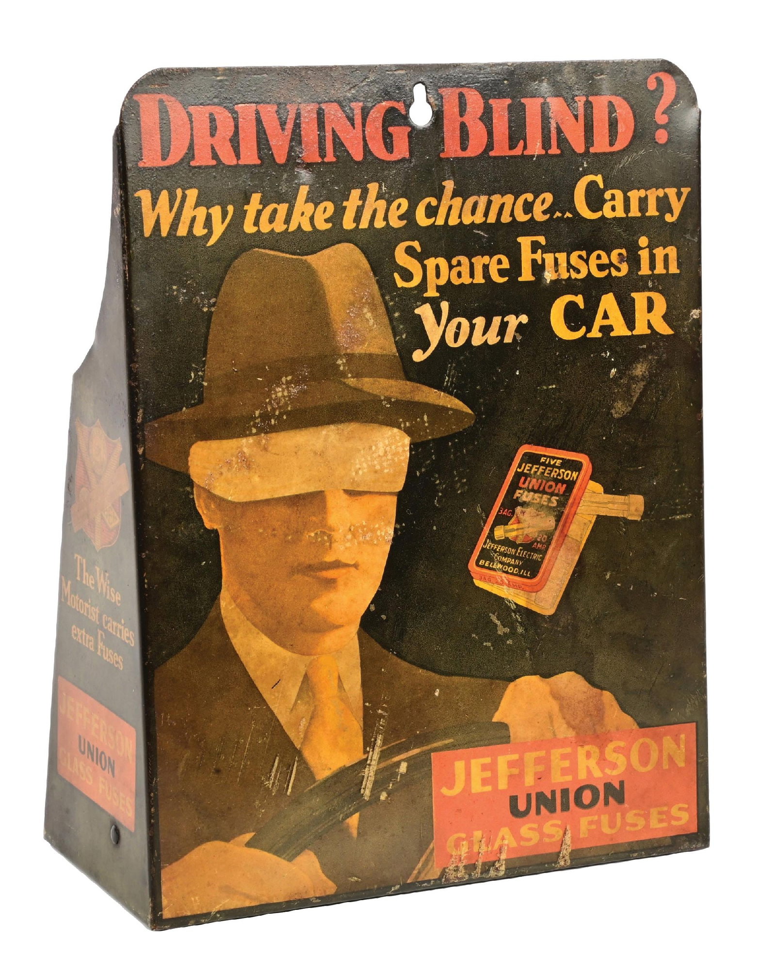 JEFFERSON UNION GLASS FUSES TIN STORE DISPLAY W/ DRIVER GRAPHIC (1 of 4)