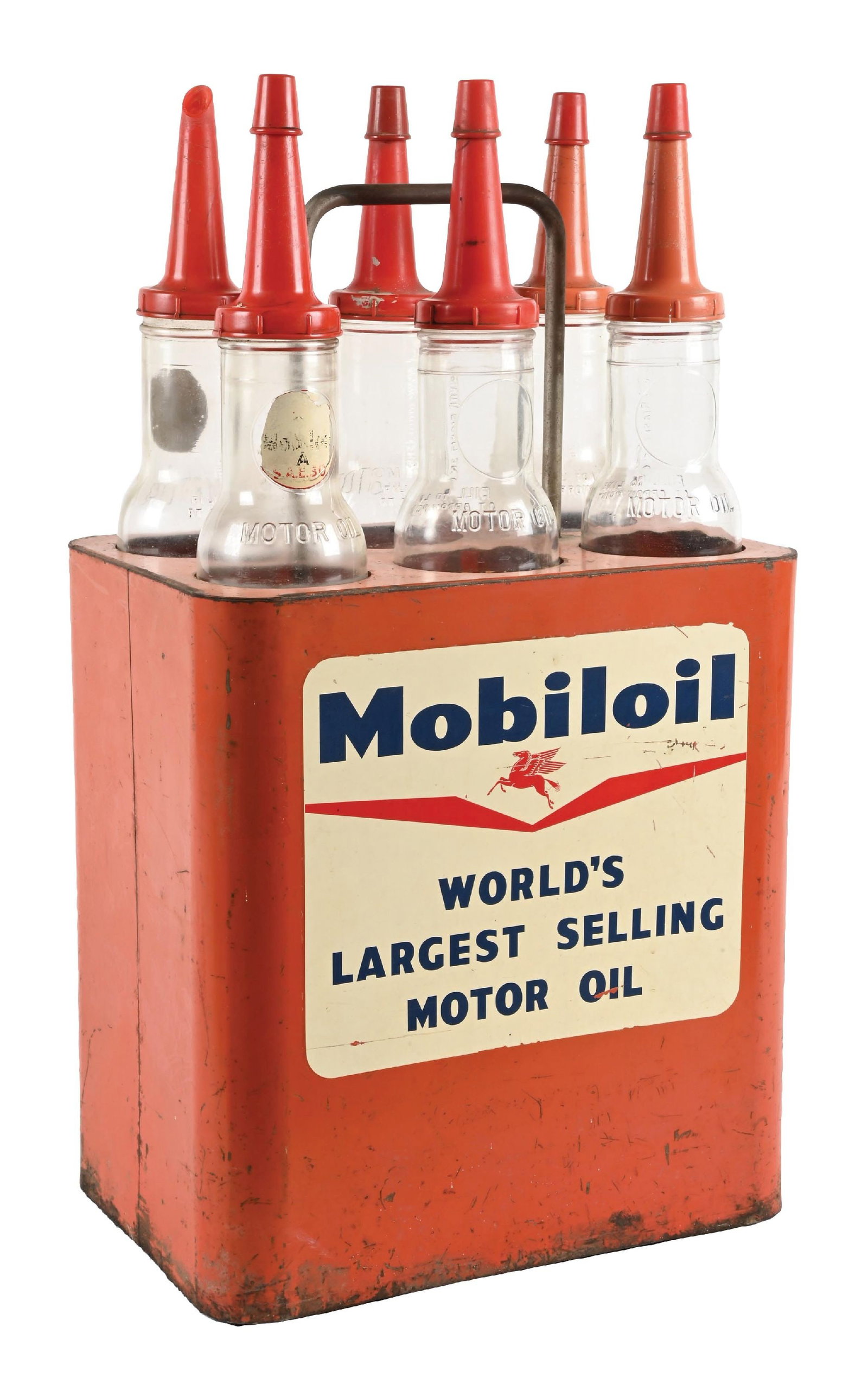 MOBILOIL GLASS OIL BOTTLE DISPLAY STAND W/ PORCELAIN SHIELD SIGN (1 of 4)