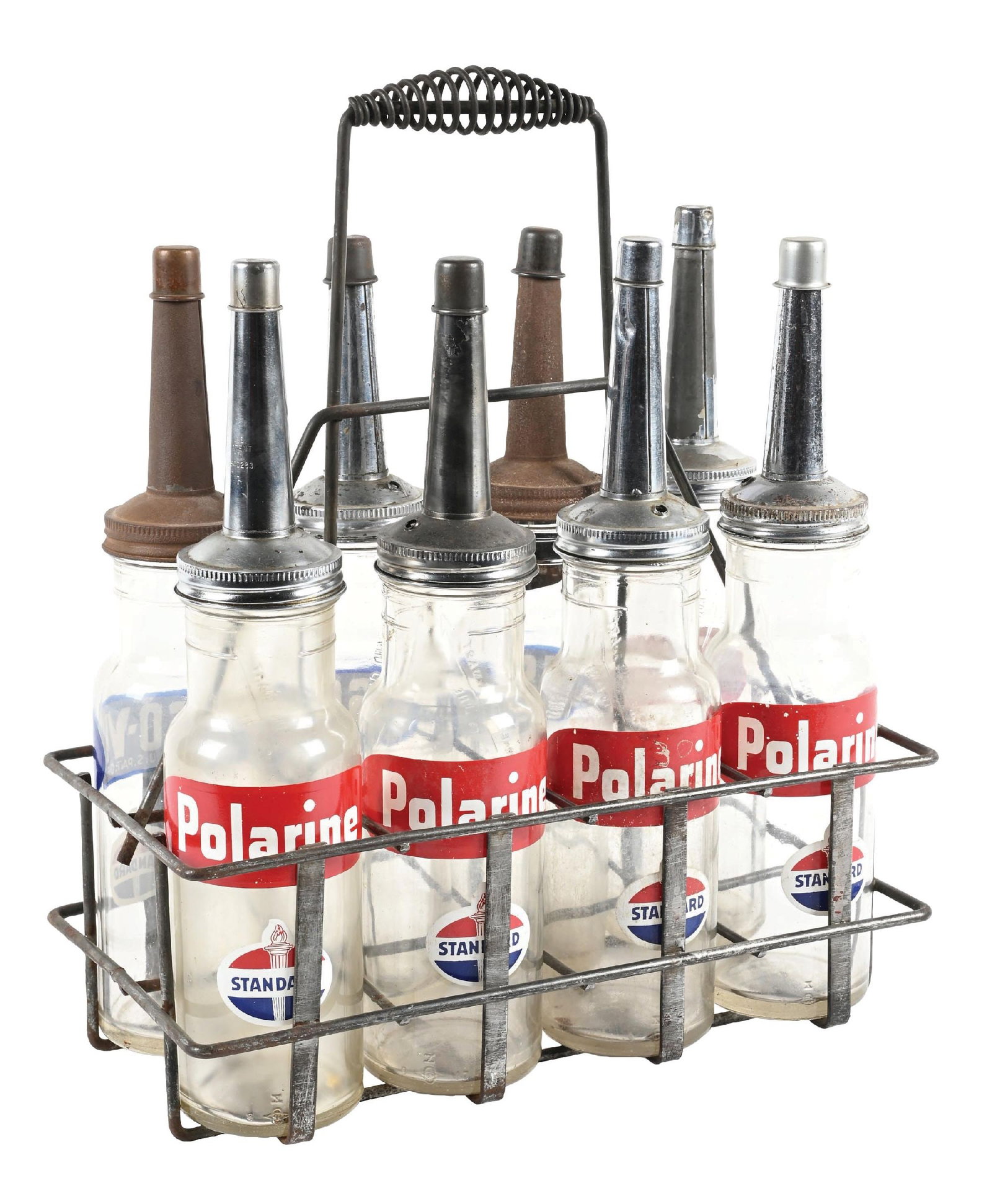 SET OF 8: STANDARD POLARINE AND ISO-VIS QUART GLASS BOTTLES WITH WIRE TOTE: Set Of 8: C. 1940s. CONDITION: Bottles each in very good condition, showing light wear to the graphics with minimal wear on the glass. Spouts showing rust wear but free of any heavy damage. Each spout