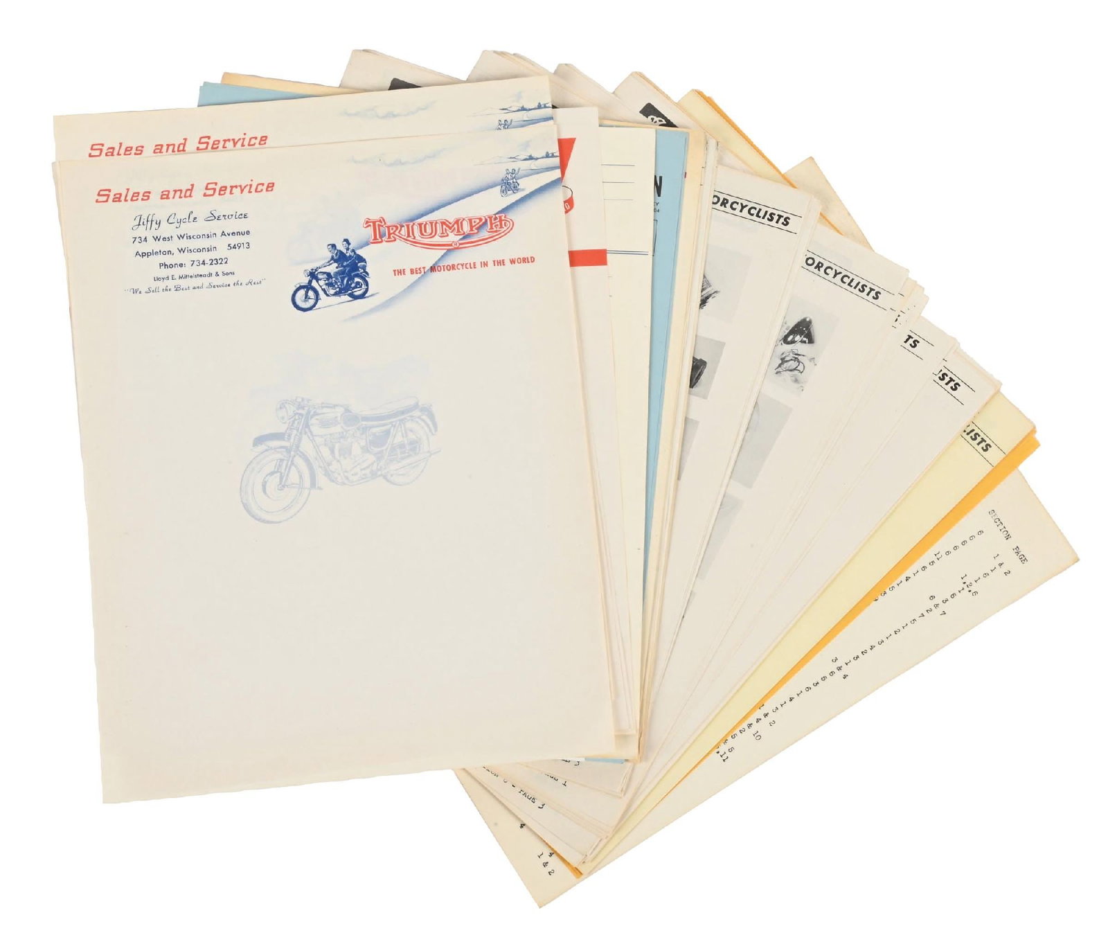 COLLECTION OF MOTORCYCLE DEALERSHIP EPHEMERA & INDIAN MOTORCYCLES 1957 CATALOG: Collection Consists of: Dealership letterhead from Triumph, BSA, Norton as well as a 1957 Catalog from Indian Motorcycles. CONDITION: Each in excellent condition, showing only light general wear from 