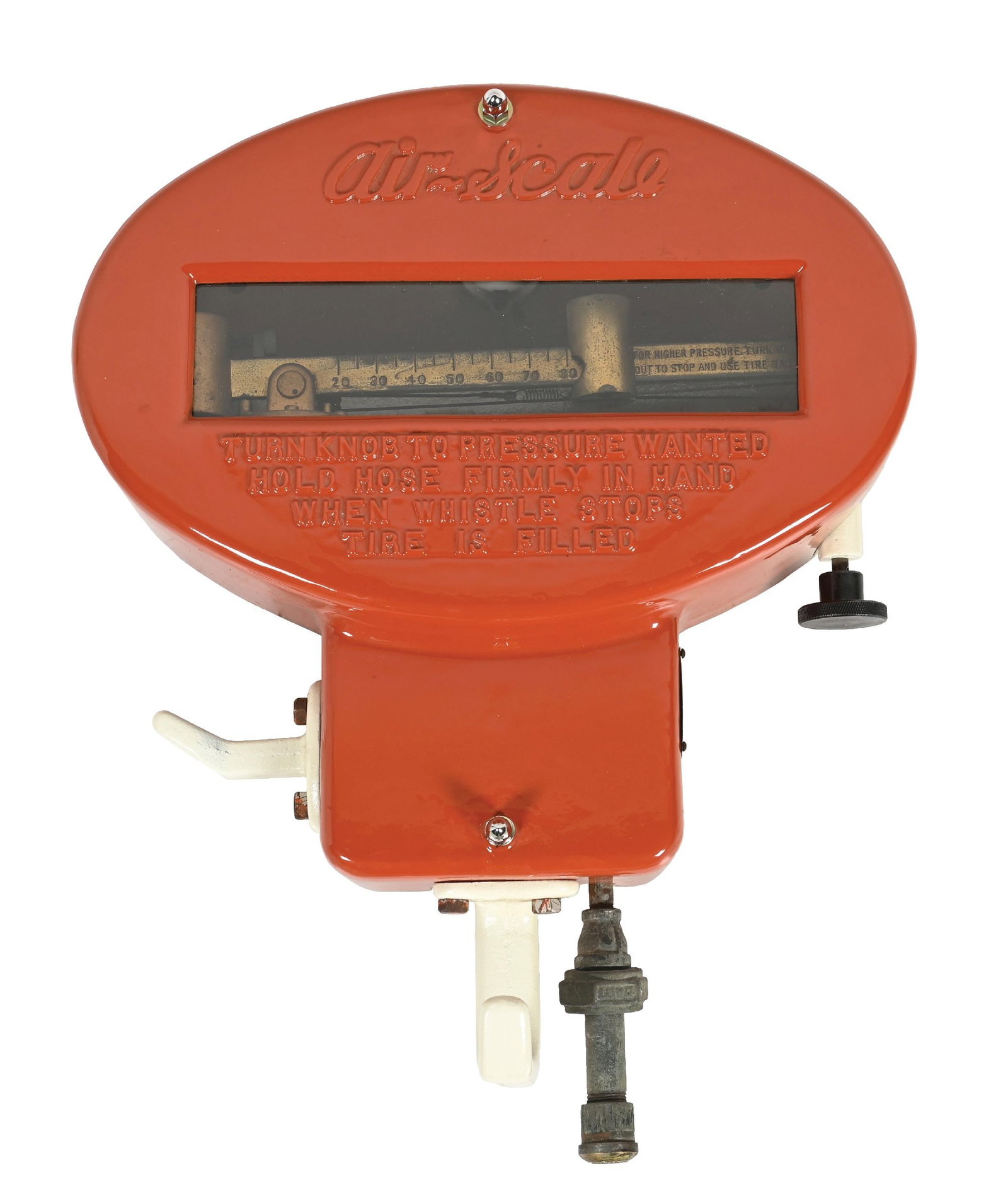 AIR-SCALE AIR METER MODEL D: CONDITION: Showing full restoration throughout the face done in orange and white. Paint in excellent condition, showing minor areas of light age wear. Original hose hook attached with internal air sca