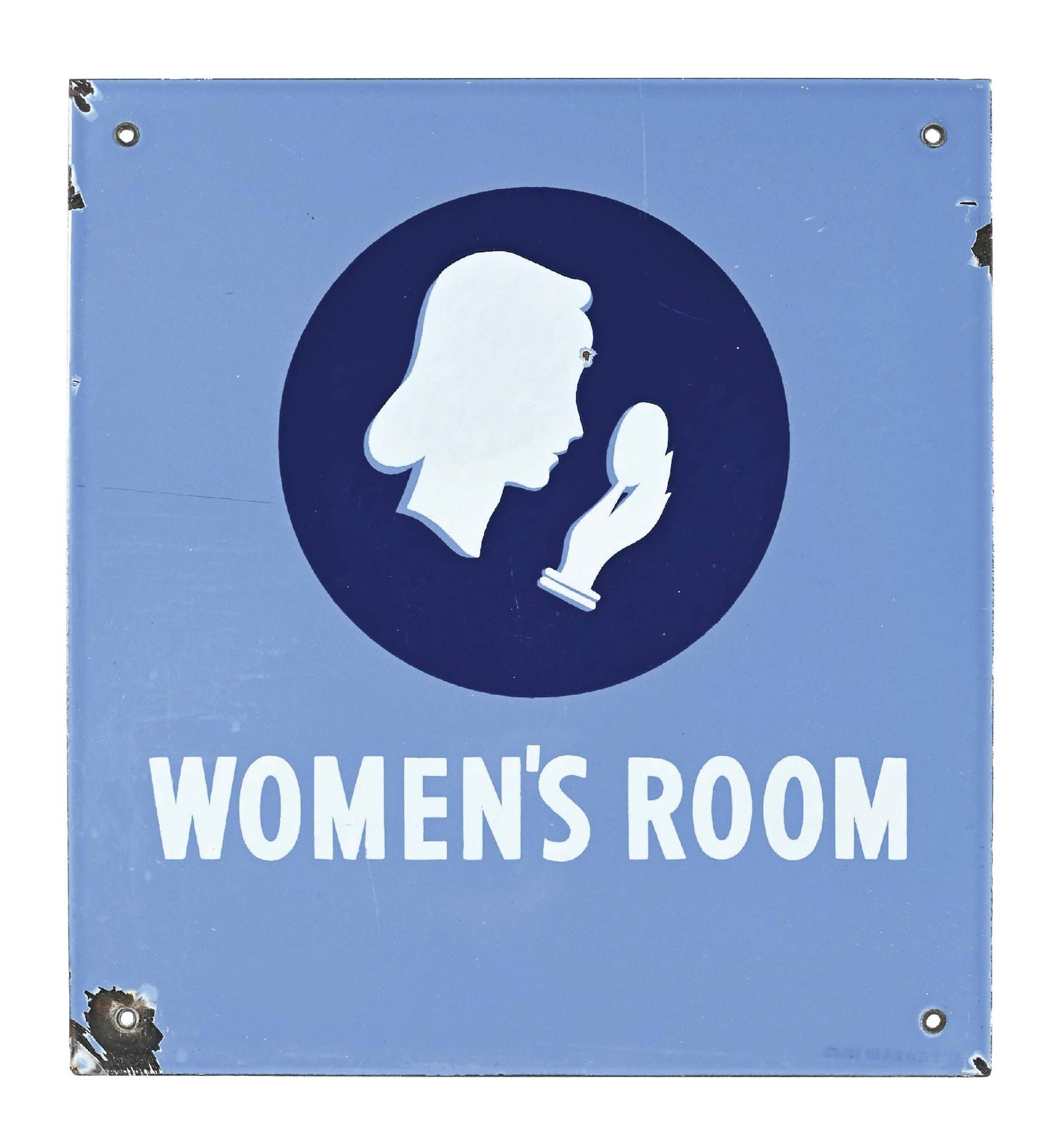 UNION OIL WOMEN'S ROOM PORCELAIN SERVICE STATION SIGN: SSP. C. 1930s. CONDITION: Excellent color and gloss throughout, showing one chip at the center field with chipping at the lower left mounting hole. Light chips along the outer edge. Condition: (8.5).