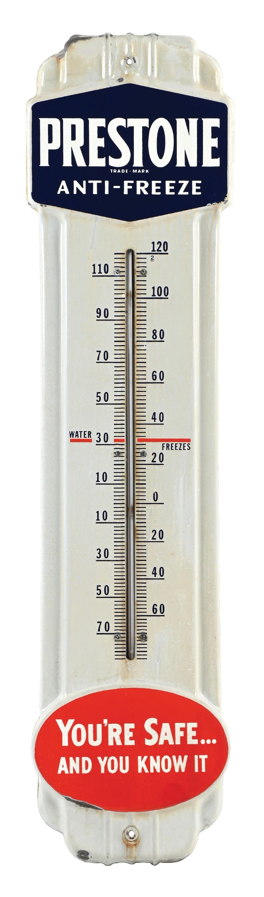 PRESTONE ANTI-FREEZE EMBOSSED PORCELAIN THERMOMETER: SSP. C. 1950s. CONDITION: Fair color and gloss, showing some areas of rust staining as well as rain oxidation. Thermometer tube intact with light chipping in the outer fields and along the outer edges