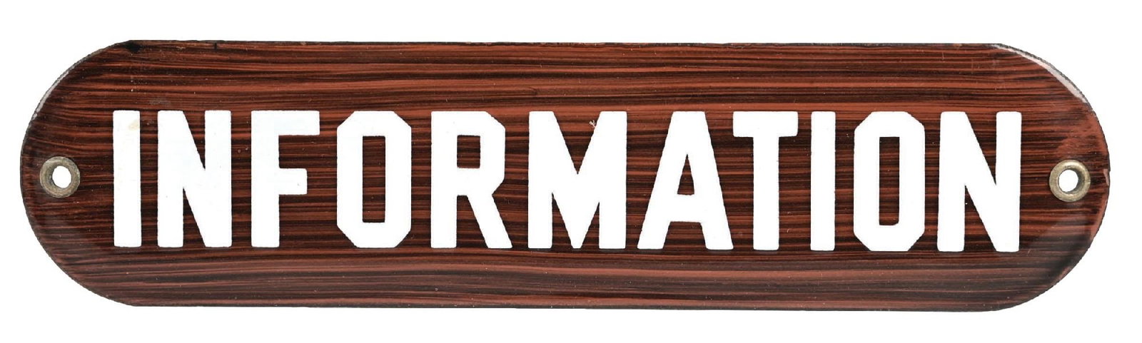 INFORMATION NEW OLD STOCK PORCELAIN DOOR SIGN: SSP. C. 1930s. CONDITION: Brilliant color and gloss throughout, showing no notable field wear with unique wood grain porcelain background. Mounting holes are in mint condition showing original grommet