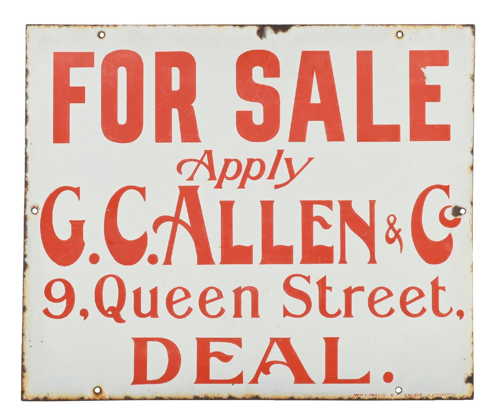 G.C. ALLEN & CO. FOR SALE PORCELAIN SIGN: SSP. CONDITION: Excellent color and gloss with no field chipping. Minor areas of light fade to the red with some minimal mounting hole and edge chipping. Overall bright and well displaying. Condition:
