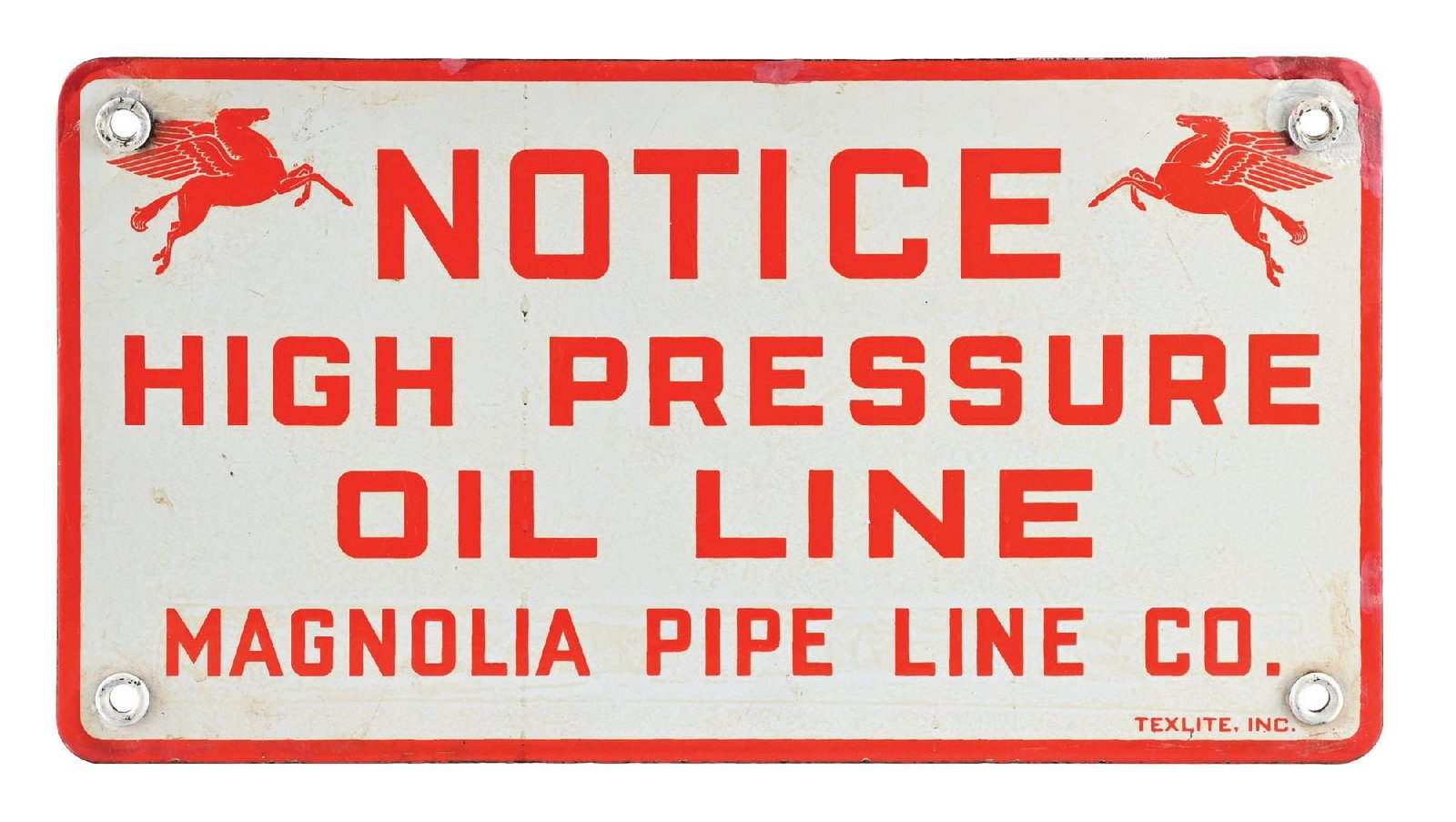 NOTICE HIGH PRESSURE OIL LINE MAGNOLIA PIPE LINE CO. PORCELAIN SIGN (1 of 3)