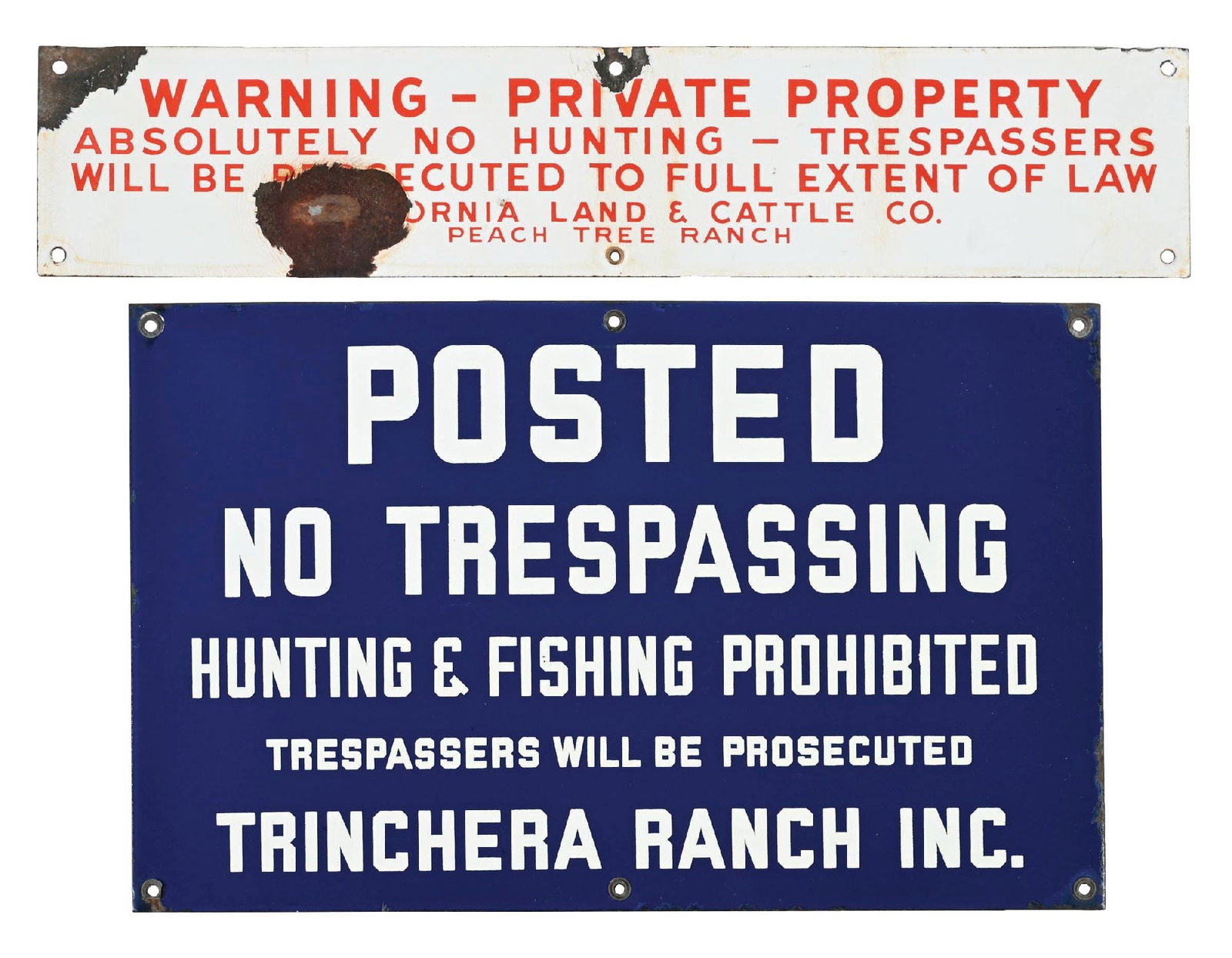 COLLECTION OF 2: WARNING - PRIVATE PROPERTY AND NO TRESPASSING PORCELAIN SIGNS: Collection Consists Of: Two individual porcelain signs showing no trespassing and private property. CONDITION: (A) No Trespassing in excellent condition, showing no notable field wear with light edge