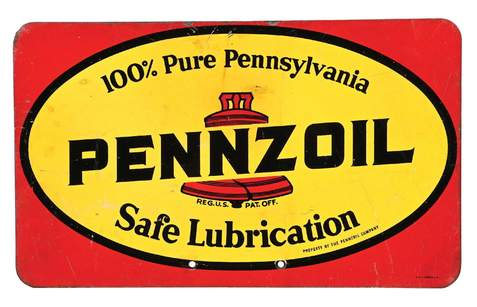 PENNZOIL MOTOR OIL TIN SIGN: DST. Maker Marked C&P Signs. CONDITION: Very good color and gloss throughout, showing moderate surface scratching as well as some rust staining and discoloration. Light mounting hole wear with minor