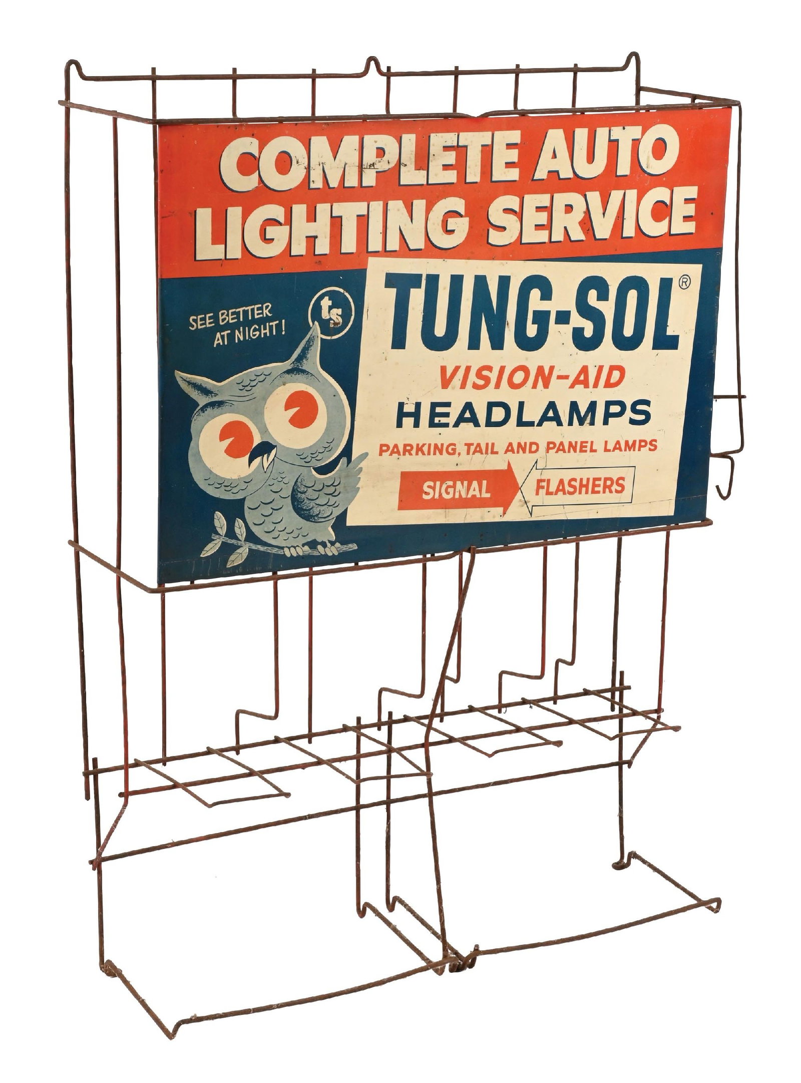 TUNG-SOL VISION-AID HEADLAMPS TIN STORE DISPLAY SIGN W/ RACKING (1 of 4)