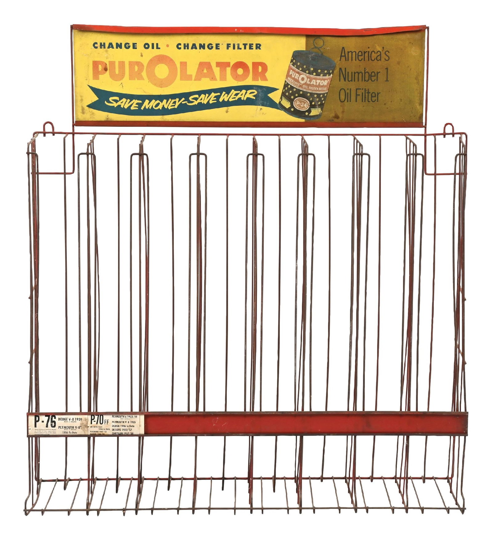 PUROLATOR OIL FILTER WIRE RACK W/ TIN TOPPER SIGN (1 of 4)