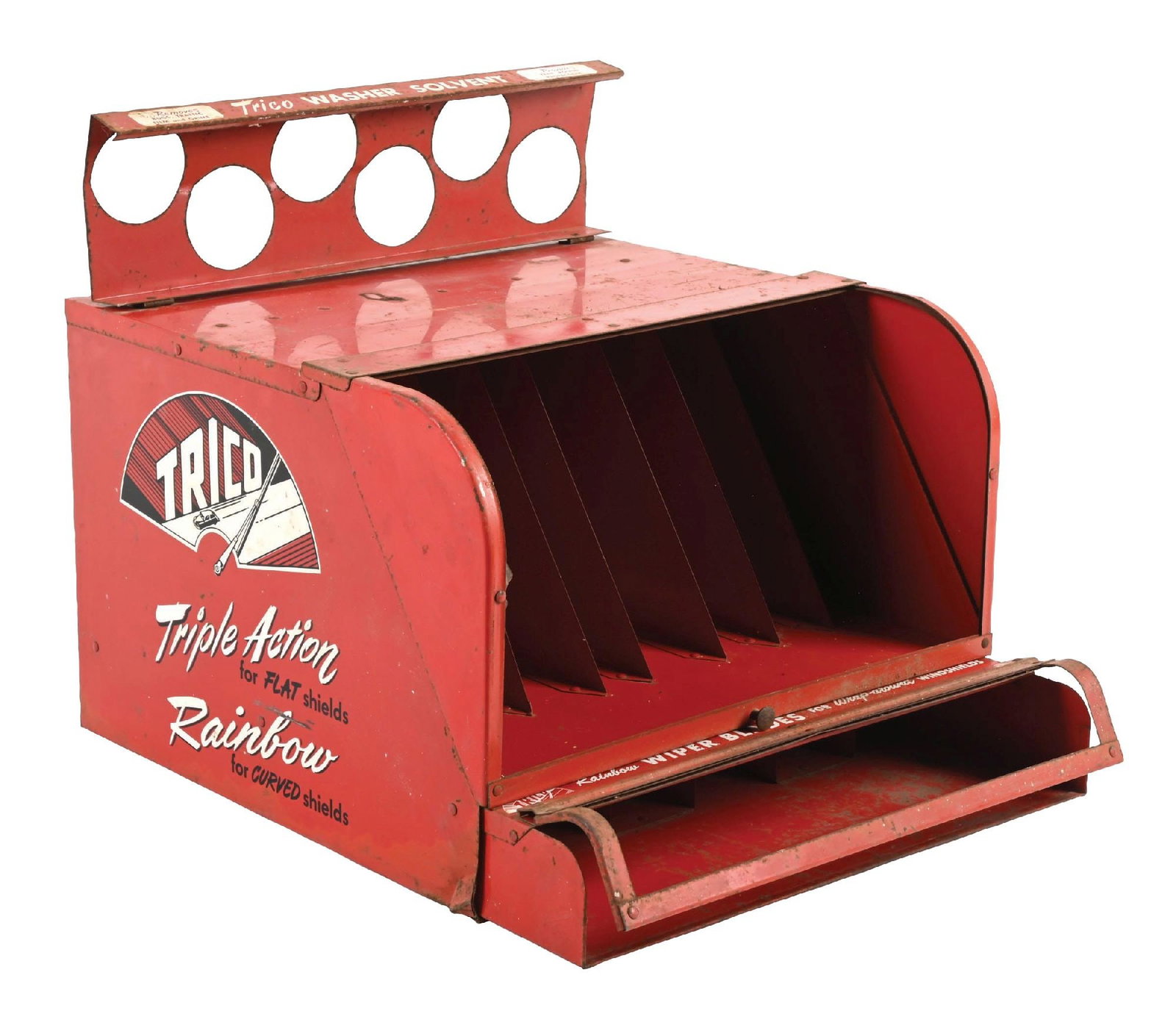 TRICO WIPER BLADES TIN DISPLAY CABINET: SST. CONDITION: Showing good color throughout with general age wear and surface scratching. Light areas of denting at the corners. Condition: (7.0). Dimensions: 18" x 14" x 13 - 3/4".