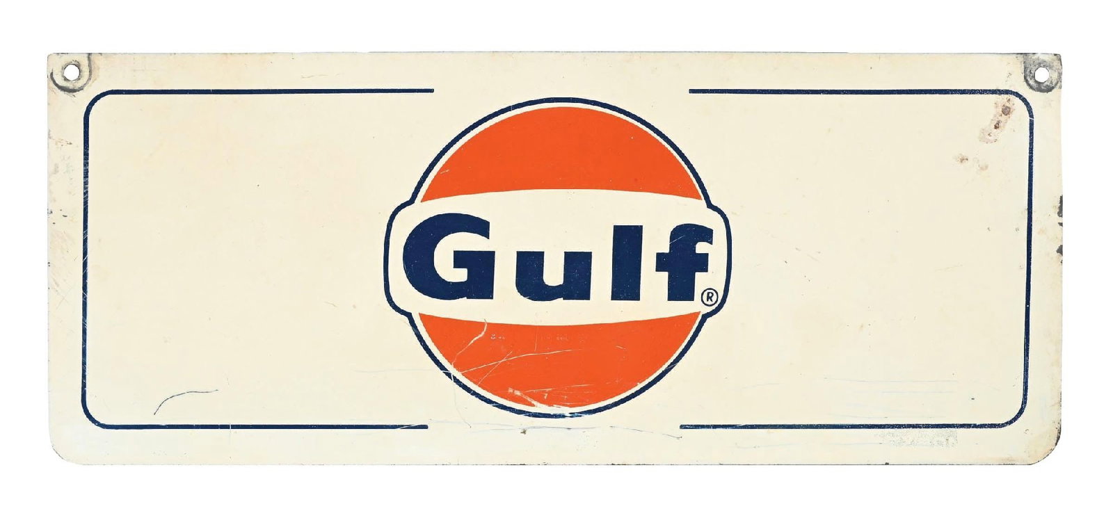 GULF MOTOR OIL TIN RACK SIGN: DST. C. 1960s. CONDITION: Bright color and gloss with general wear and scratching on each side. Paint loss at the mounting holes on each side. Condition: (8.0). Dimensions: 13 - 1/4" x 5 - 3/8".