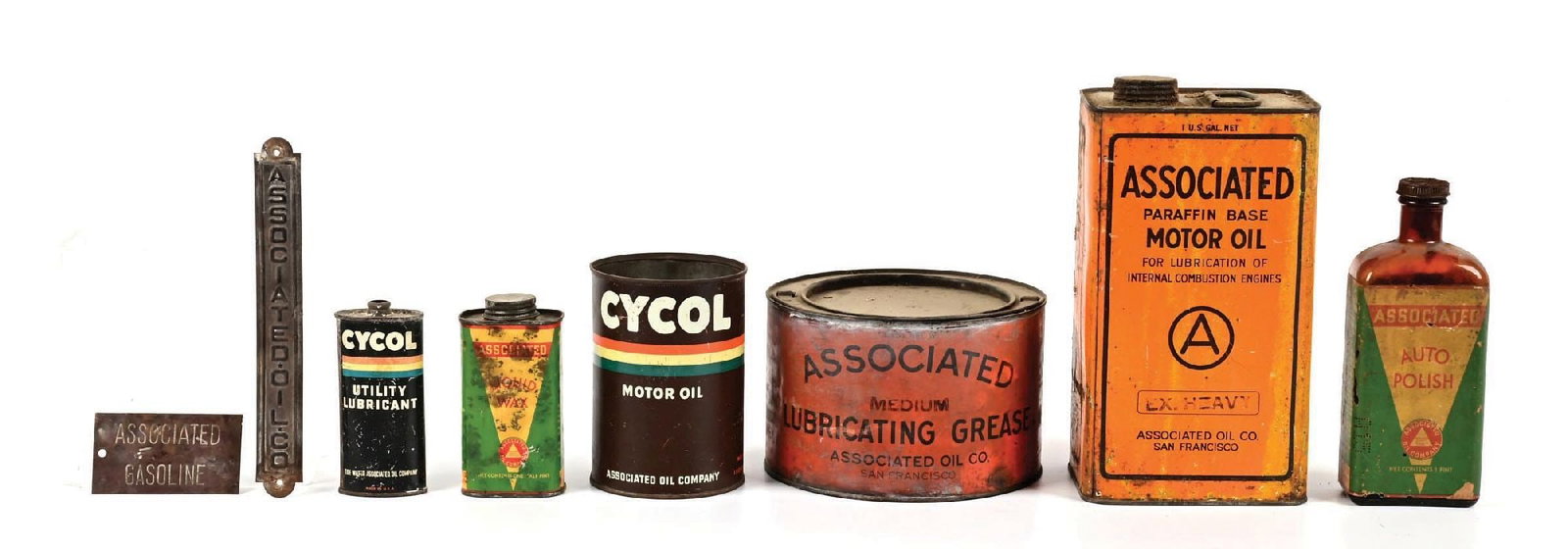 COLLECTION OF 8 ASSOCIATED OIL COMPANY CANS & SIGNS. (1 of 2)