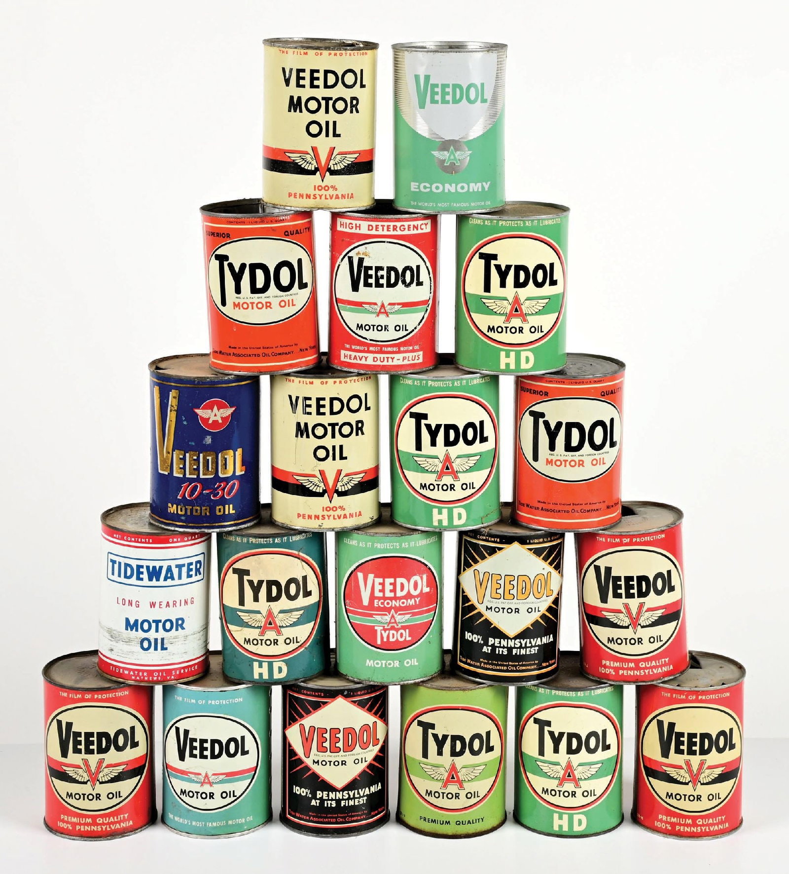 COLLECTION OF 20: VARIOUS VEEDOL, TYDOL & TIDEWATER MOTOR OIL ONE QUART CANS (1 of 1)