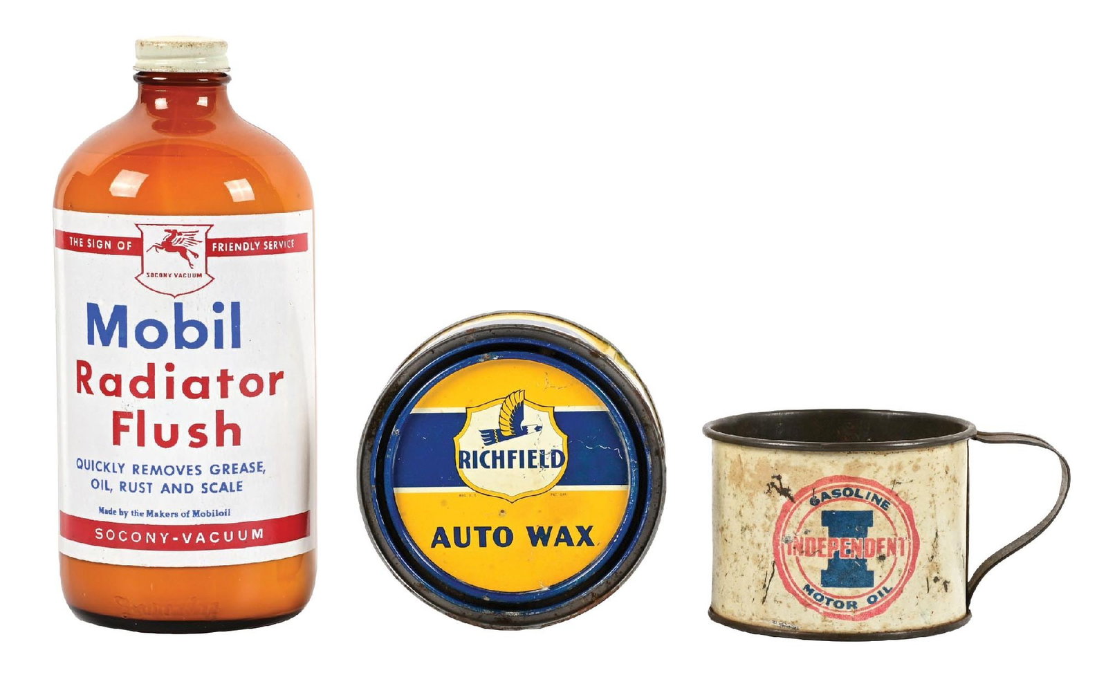 COLLECTION OF 3: MOBIL RADIATOR FLUSH BOTTLE, RICHFIELD AUTO WAX CAN AND INDEPENDENT GASOLINE CUP (1 of 2)