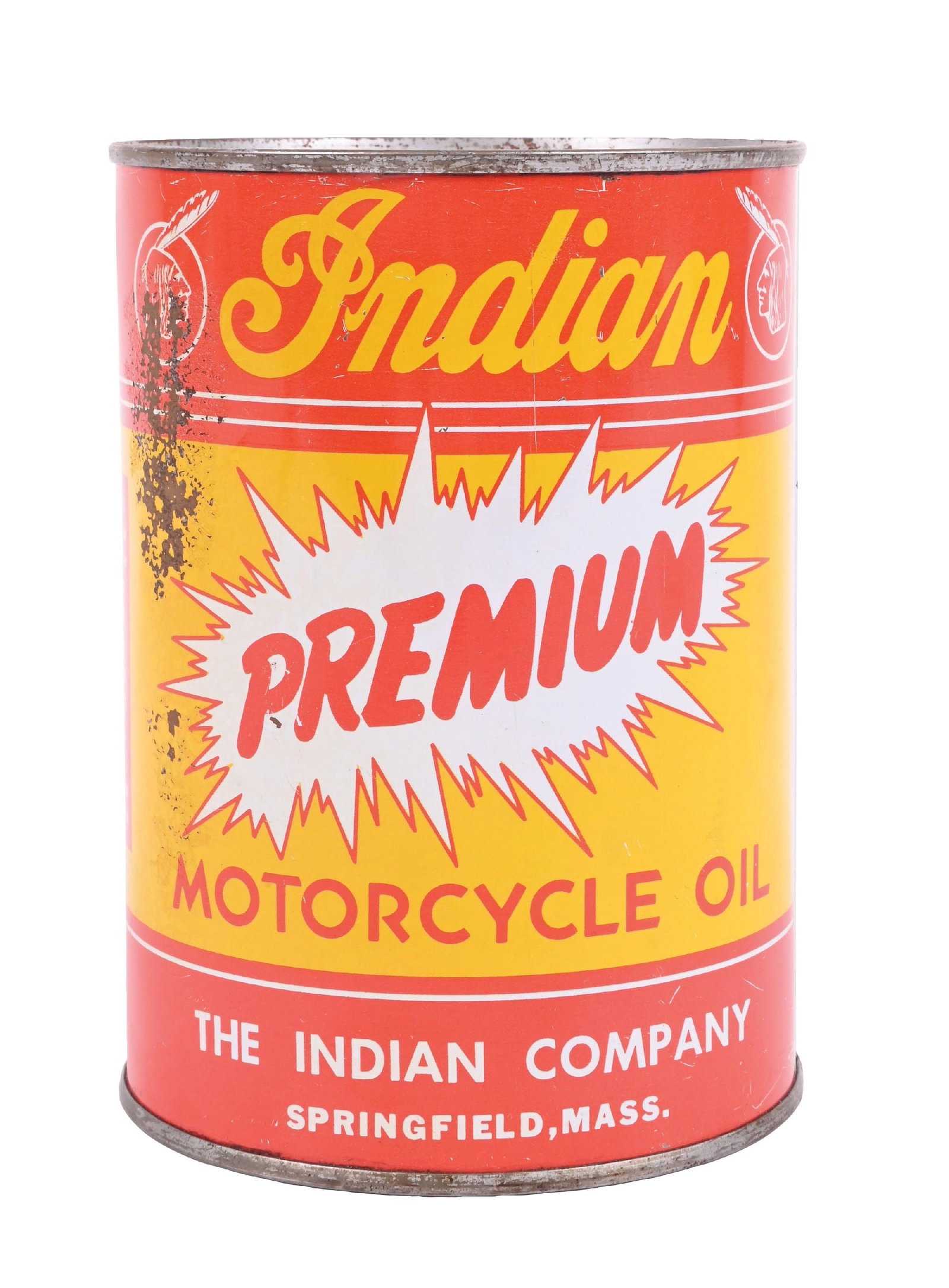 INDIAN PREMIUM MOTORCYCLE OIL ONE QUART CAN: One Quart Can. C. 1950s. CONDITION: Excellent color and shine with clean inner field. Paint wear at the upper left with minor scratches at the backside. Minor wear at the seam. Can is full. Condition: