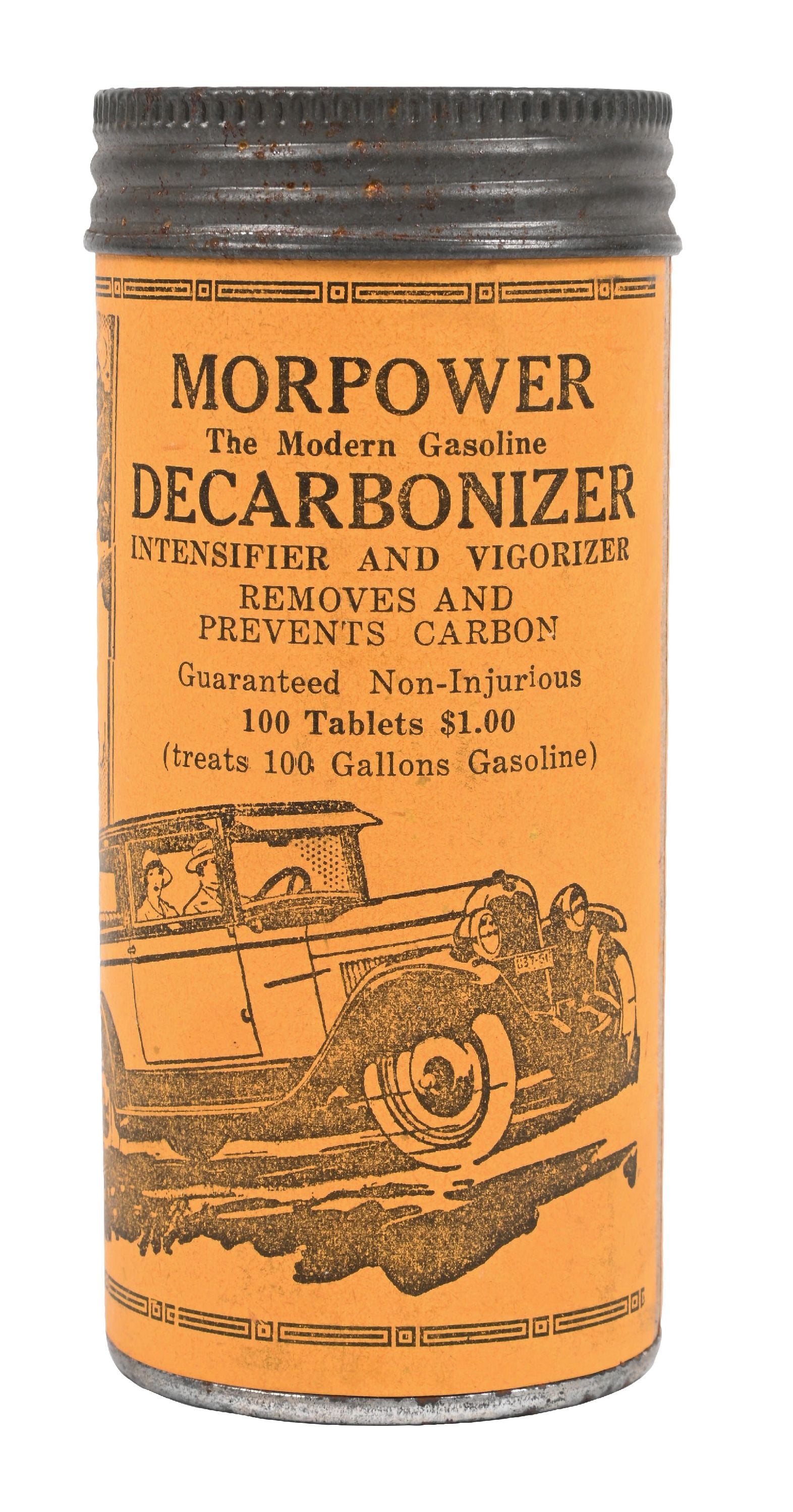 MORPOWER GASOLINE DECARBONIZER TIN WITH AUTOMOBILE GRAPHIC (1 of 4)