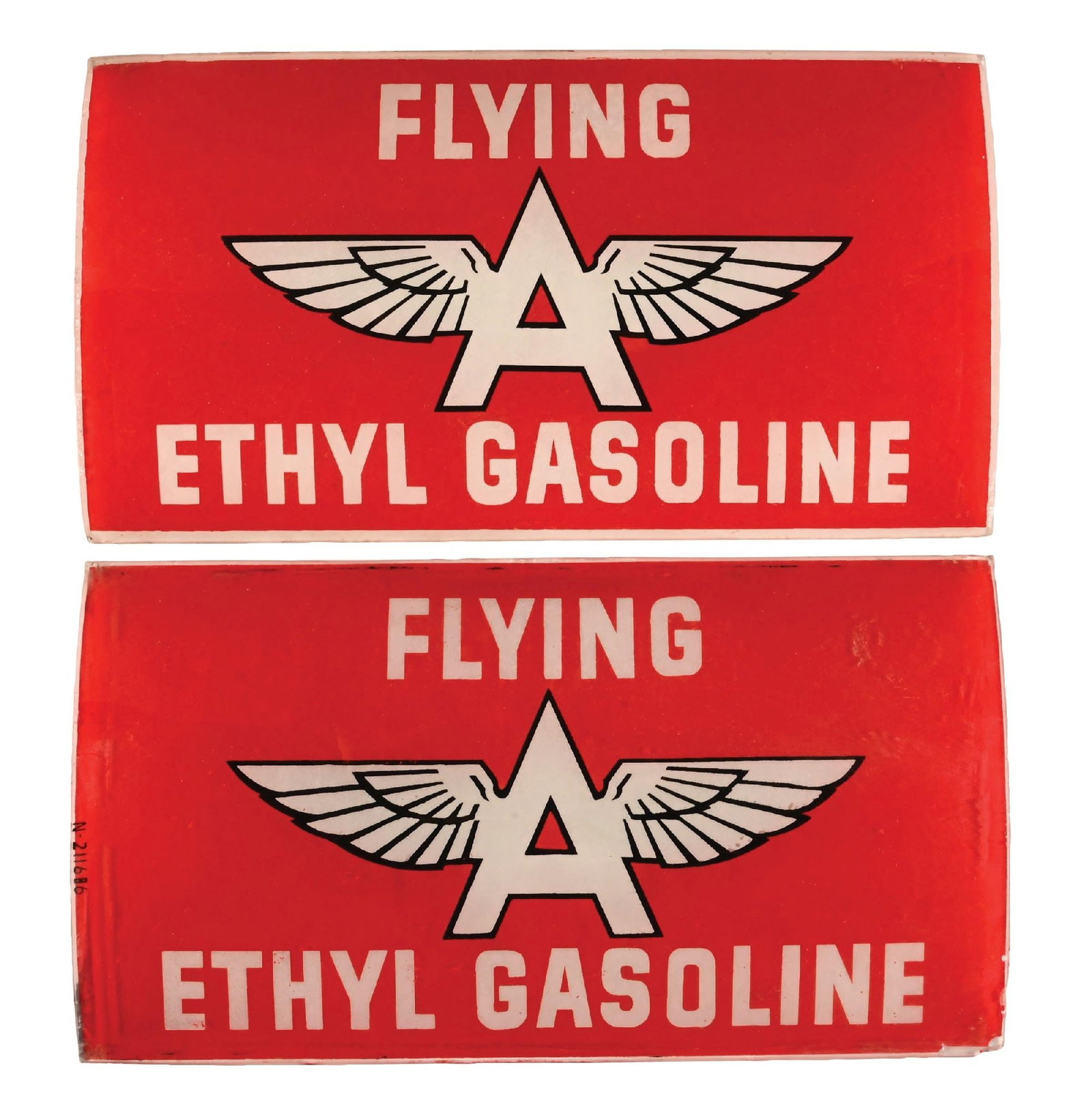 COLLECTION OF 2: FLYING A ETHYL GASOLINE NATIONAL AD GLASS PANELS: Set of two curved ad glass panels for Flying A Gasoline. CONDITION: Overall very good showing minor areas of light surface wear from storage. Graphics are in excellent condition with light wear and ni