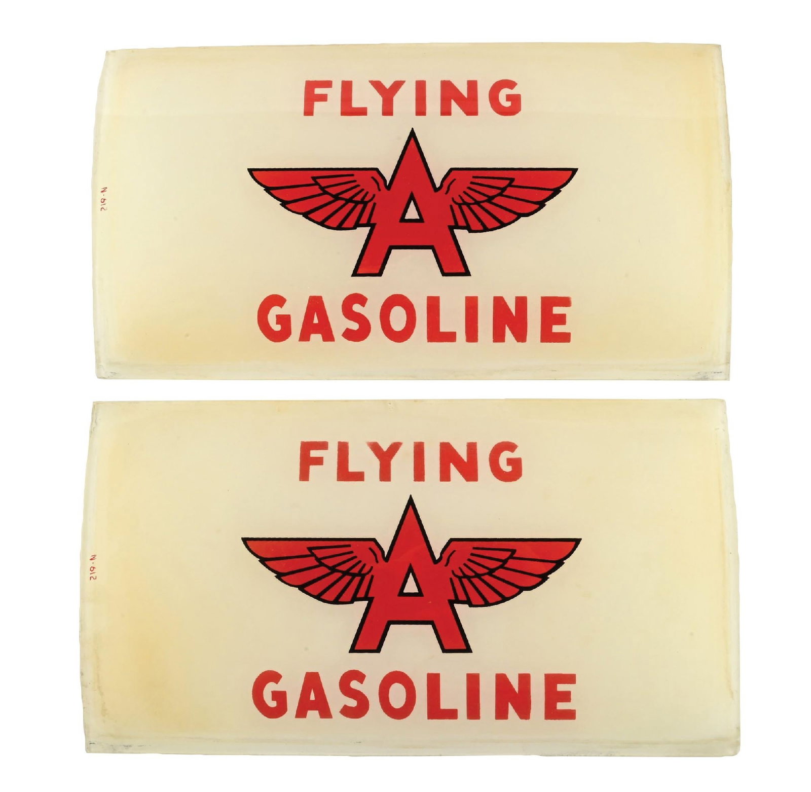 COLLECTION OF 2: FLYING A GASOLINE NATIONAL AD GLASS PANELS: Set of two curved ad glass panels for Flying A Gasoline. CONDITION: Overall very good showing minor areas of age staining to the white. Graphics are in excellent condition with light wear along the ou