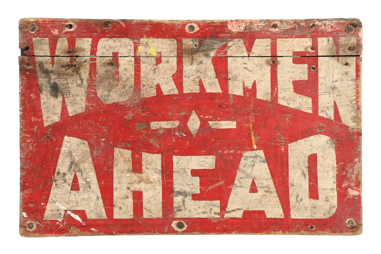 WORKMEN AHEAD HAND-PAINTED WOOD ROAD SERVICE SIGN W/ EASEL BACK: C. 1920s. Single-Sided Hand-Painted Wood Sign showing "Workmen Ahead" with original hardware and easel back stand. CONDITION: Showing an excellent original patina throughout the field with general use