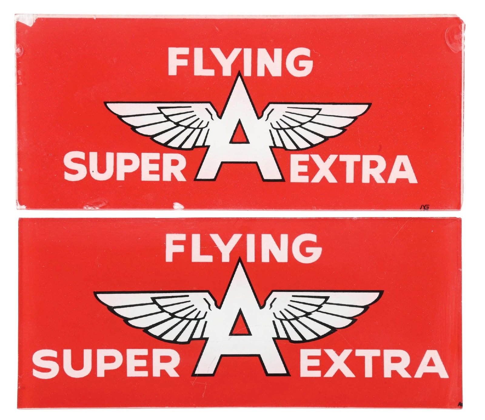 COLLECTION OF 2: FLYING A SUPER EXTRA AD GLASS PANELS: Set Of Two. CONDITION: Each showing bight color and gloss with clean fields. Areas of light scratching as well as chipping along the outer edges present. Condition: (8.0). Dimensions: Each: 10 - 3/4" 
