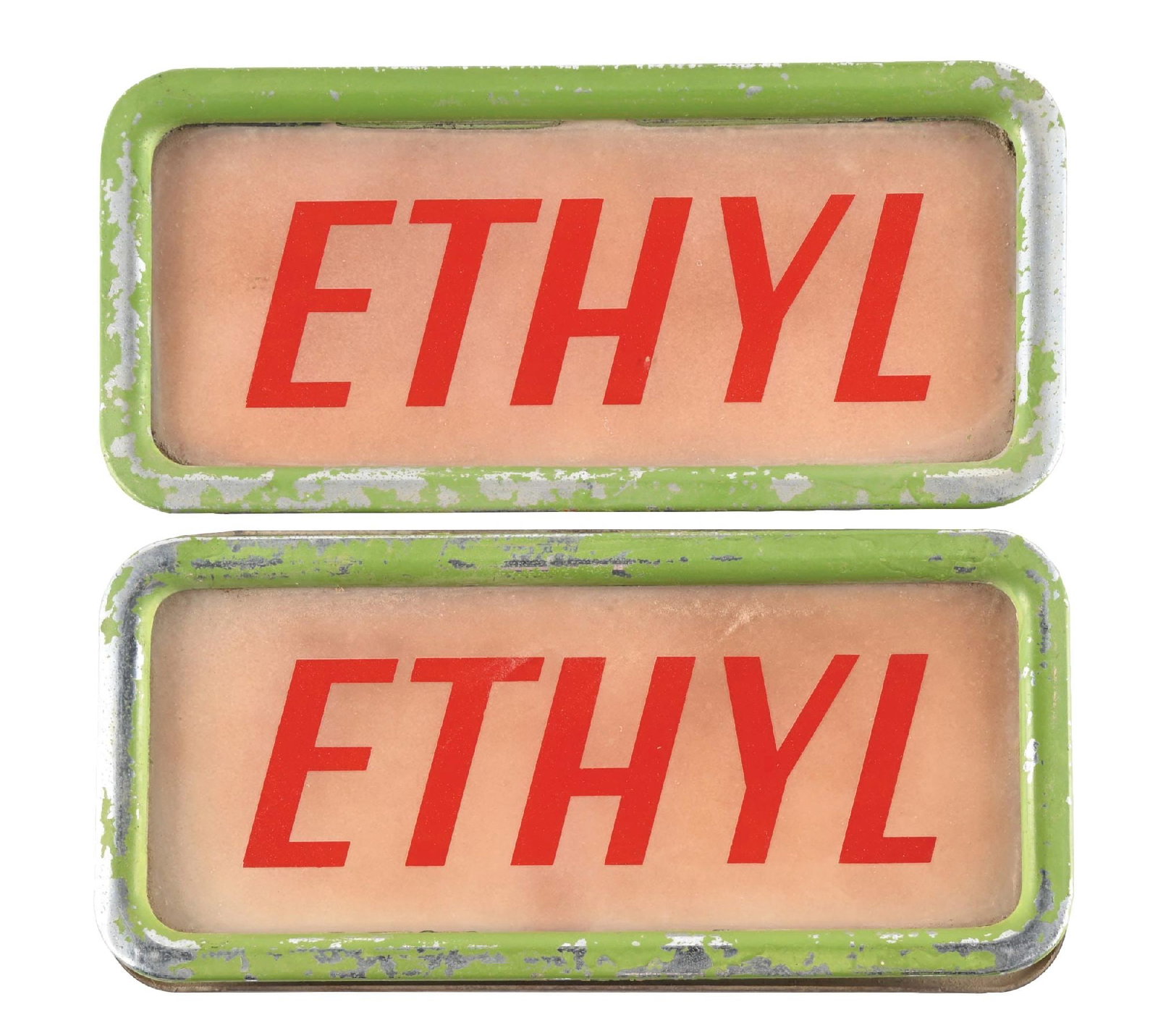 COLLECTION OF 2: ETHYL AD GLASS PANEL SIGNS W/ ORIGINAL TRIM (1 of 2)