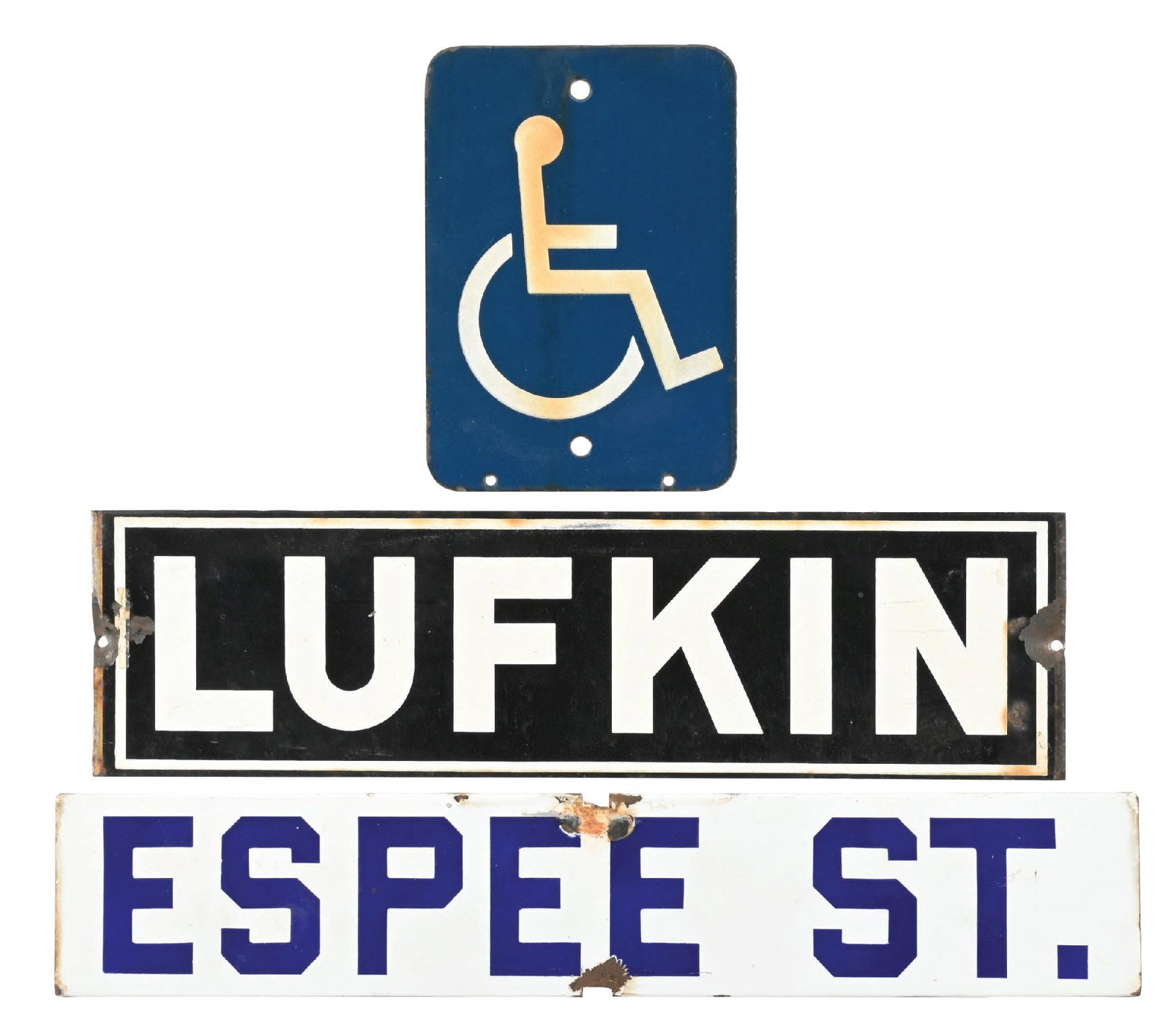 COLLECTION OF 3: HANDICAP PARKING SPOT SIGN, LUFKIN AND ESPEE ST. PORCELAIN SIGNS (1 of 2)