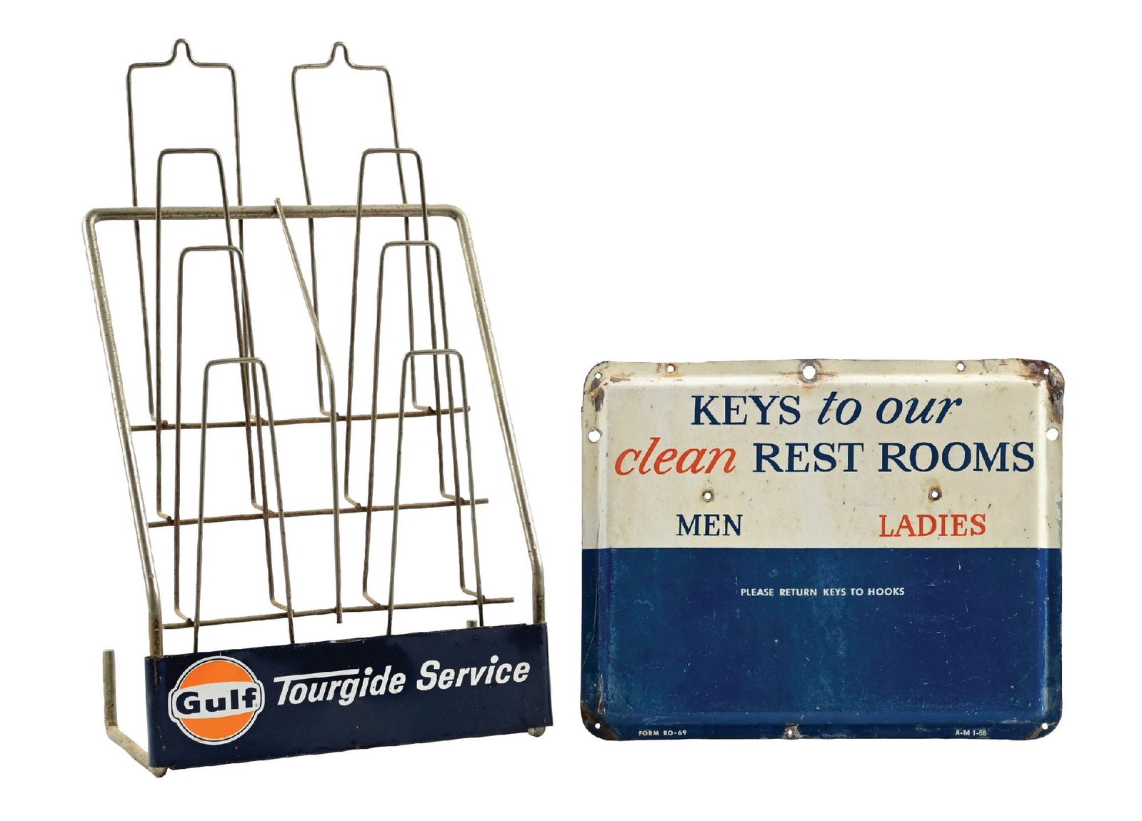 COLLECTION OF 2: GULF TOURGIDE SERVICE MAP RACK AND CLEAN REST ROOMS TIN SIGN: Collection Consists Of: Gulf Tourguide Service Tin Map Rack and Clean Rest Room Tin Key Holder Sign. CONDITION: Each in good condition with key rack sign, showing heavier wear throughout as well as ad