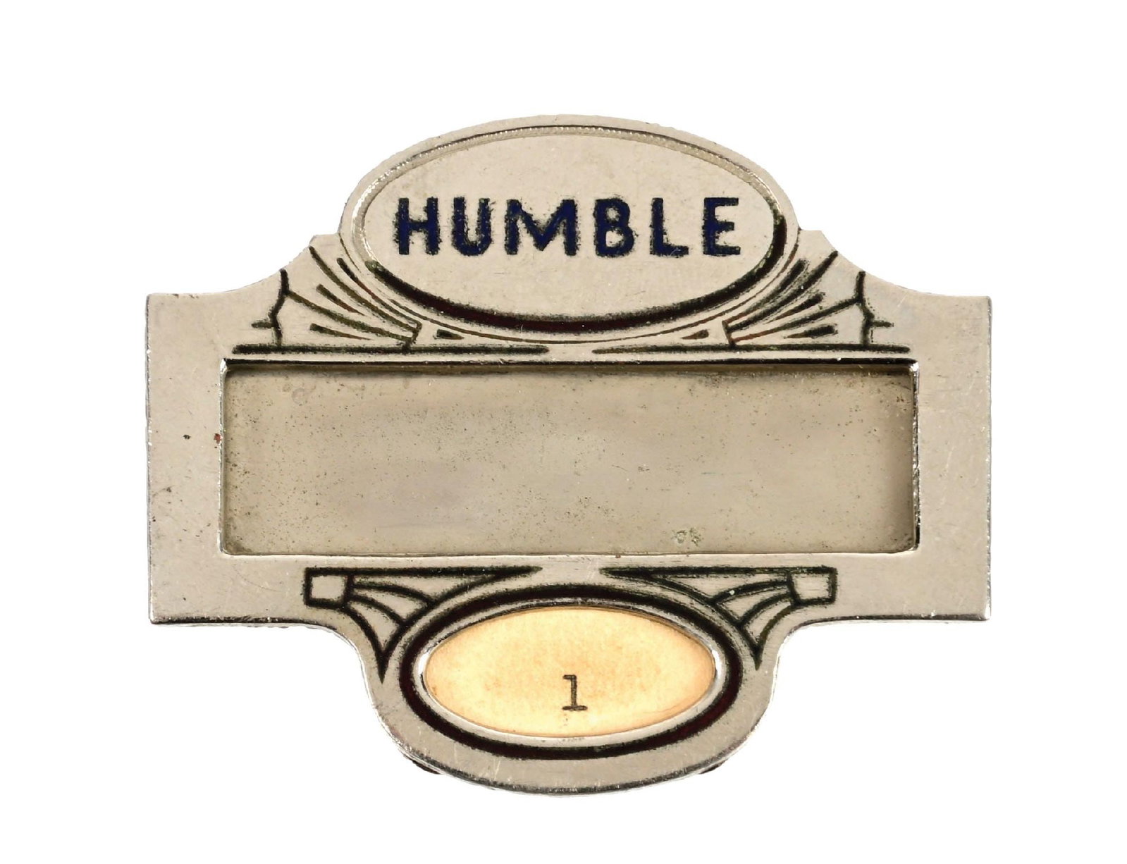 RARE HUMBLE OIL SERVICE STATION ATTENDANT NAME BADGE: Single-Sided Metal and Enamel Service Station Attendant Name Badge for Humble Oils. CONDITION: Original throughout showing minimal areas of light surface wear. Original paper number label intact. Orig