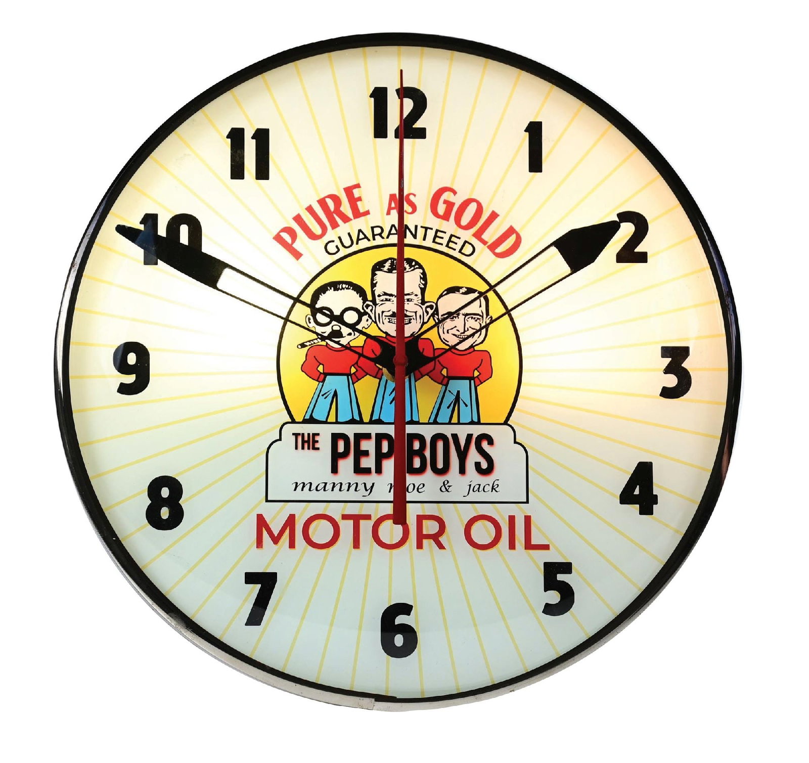 THE PEP BOYS MOTOR OIL PAM CLOCK: Original Pan Clock Body showing new advertising face for Pep Boys Motor Oils. CONDITION: Advertising face in like new condition, showing no notable wear. Body and trim showing average age wear. Condit