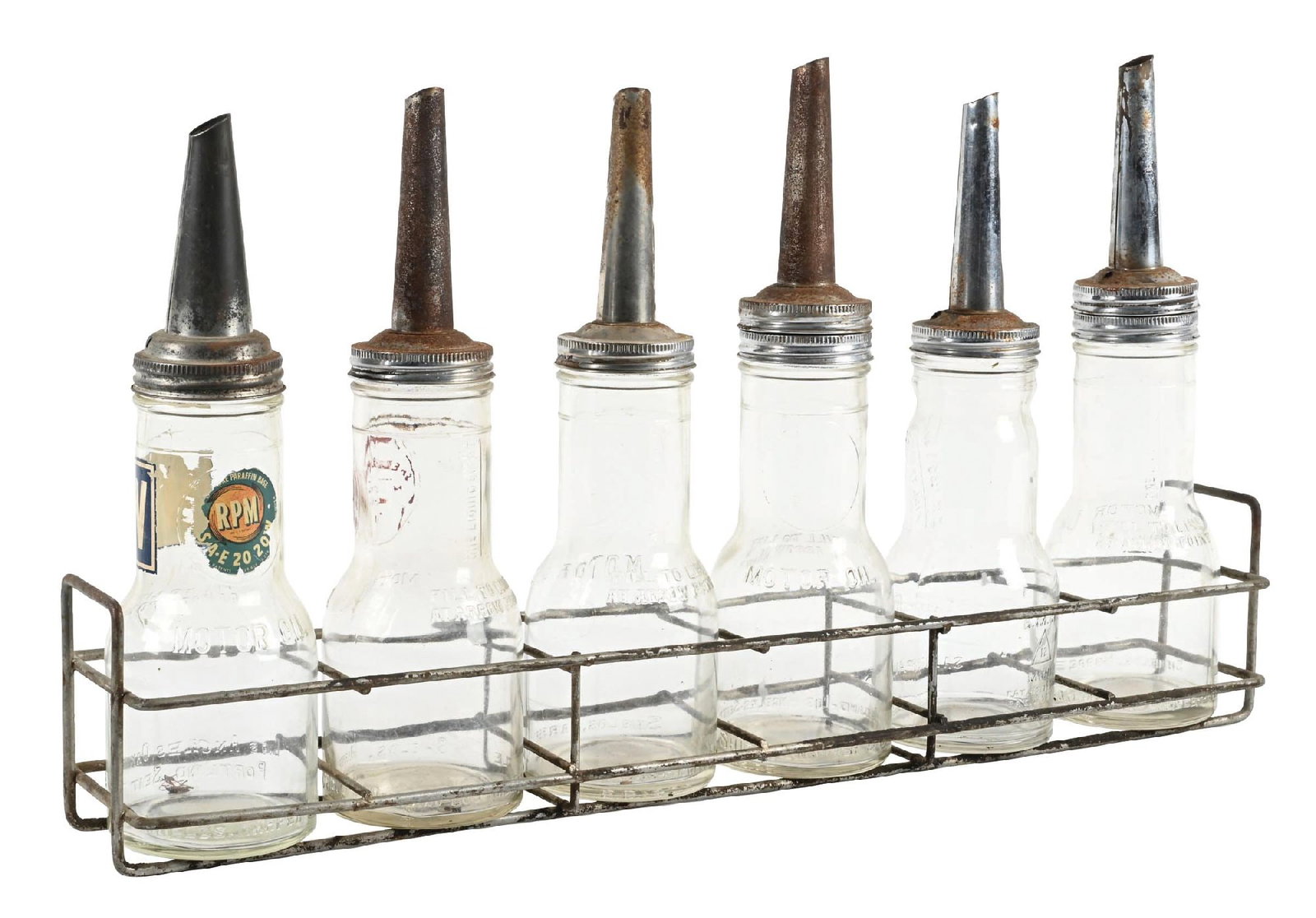 SET OF 6: ONE QUART GLASS MOTOR OIL BOTTLES WITH WIRE RACK (1 of 4)