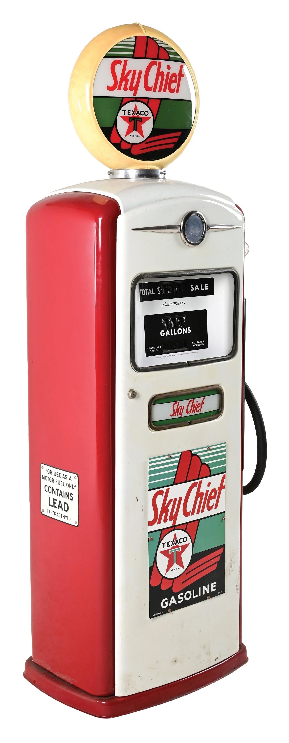 BENNETT MODEL 1066 GAS PUMP RESTORED IN TEXACO SKY CHIEF GASOLINE: CONDITION: Pump shows an older restoration done in Texaco and shows reproduction ad glass, pump plate and globe. Pump shows areas of first staining and general age wear that should improve with cleani