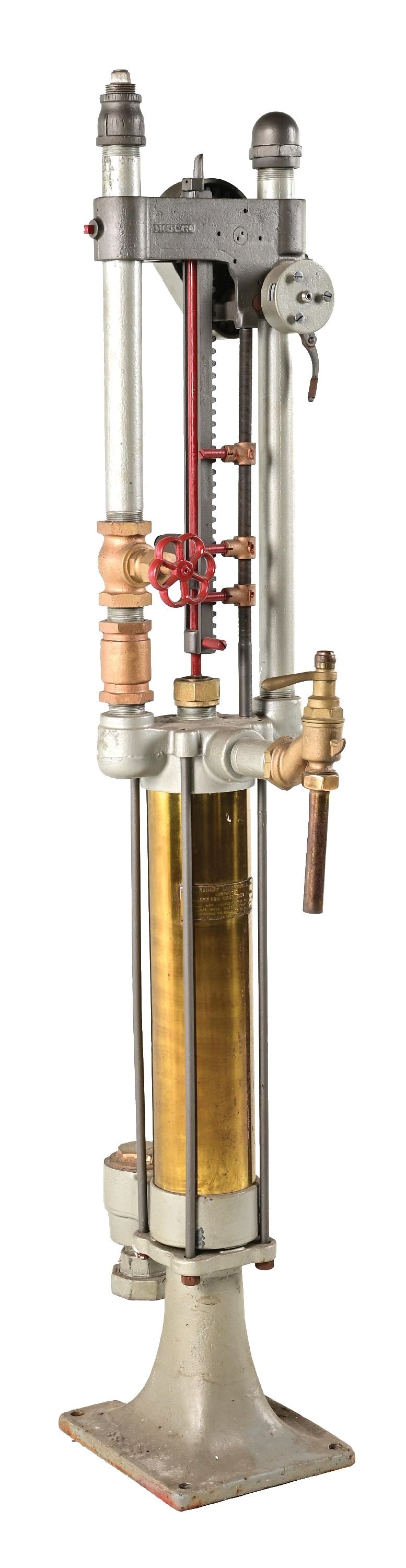 GILBERT & BARKER LONG DISTANCE GAS PUMP: CONDITION: Showing older areas of repaint with polish brass cylinder. Crank and spout intact. This is not a standard shippable item and will require 3rd party shipping or pickup arrangements to be mad