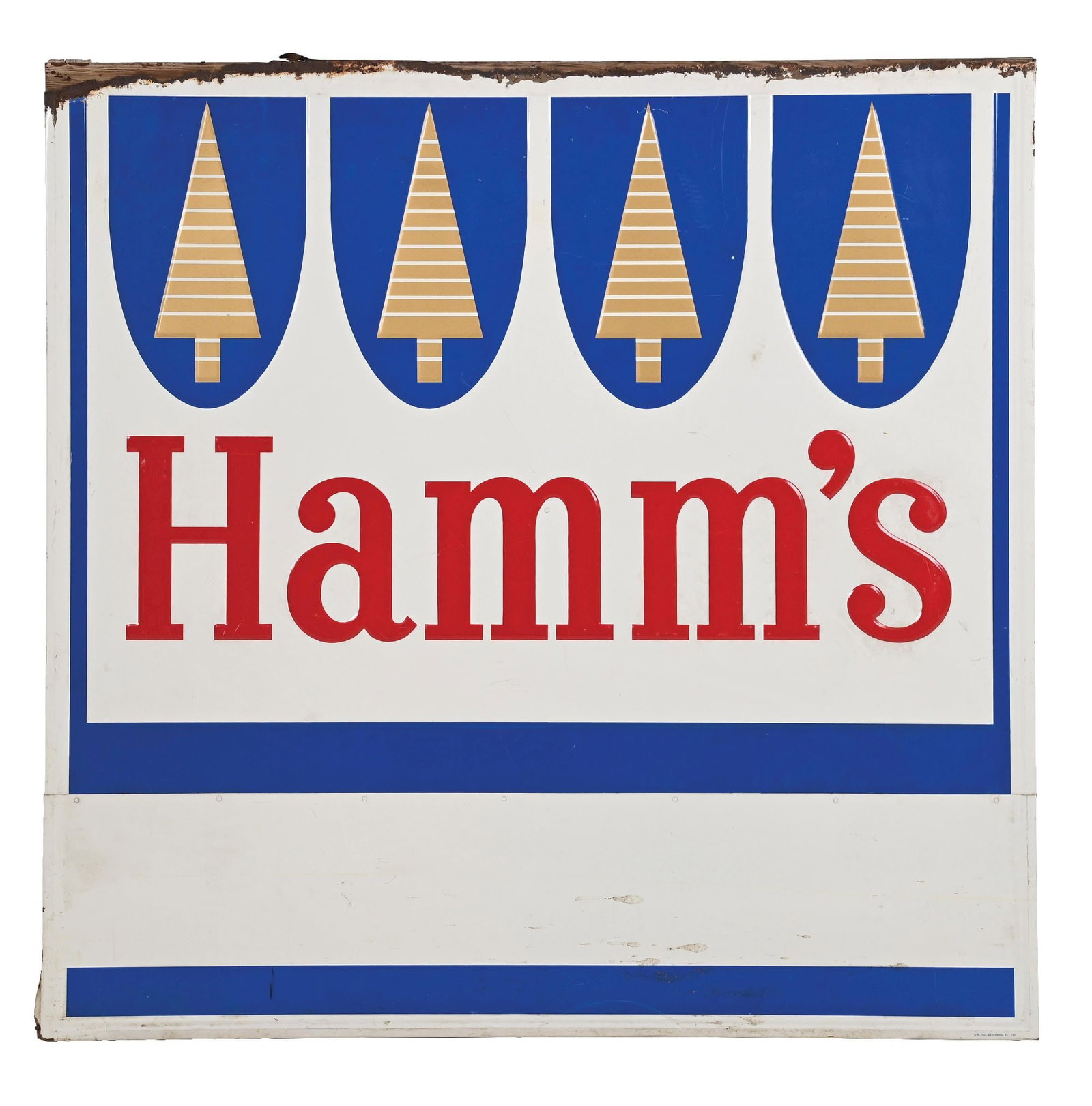 HAMM'S BEER LARGE EMBOSSED TIN SIGN ON WOOD BACKING: SST. CONDITION: Showing very good color and gloss throughout the fields with heavier wear and metal loss along the upper edge. Areas of wear to the wood backing, but overall well displaying with clean