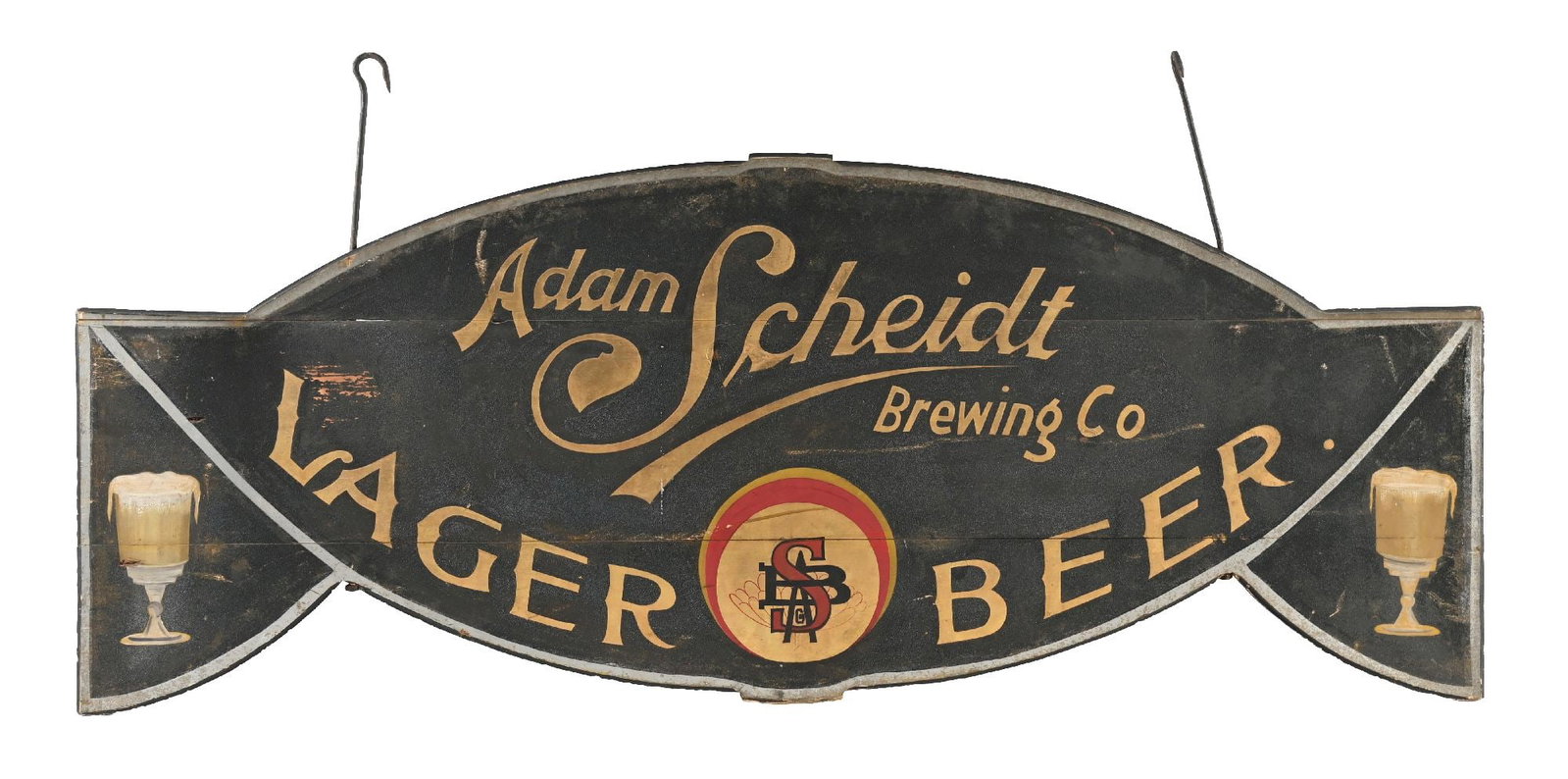 IMPRESSIVE ADAM SCHEIDT BREWING SAND PAINTED WOOD SIGN W/ ORIGINAL IRON HANGING BRACKETS (1 of 2)