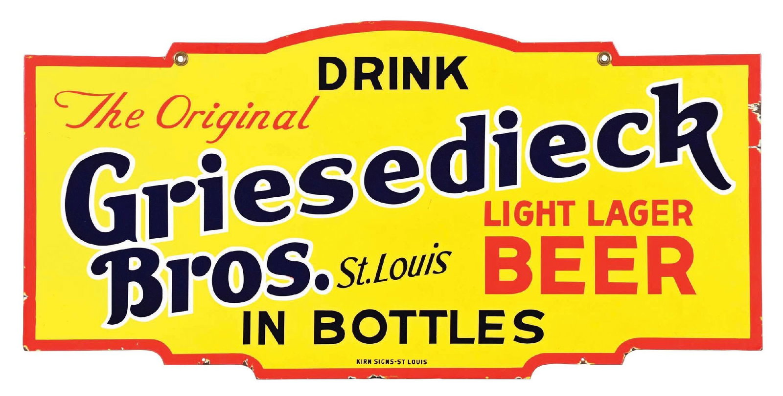 GRIESEDIECK BROS. DOUBLE-SIDED DIE-CUT PORCELAIN HANGING SIGN: C. 1930s. Manufactured by Kirn St. Louis as marked on the bottom edge. A beautiful die-cut sign with bright colors. One of the best known examples. CONDITION: The porcelain through the yellow sections