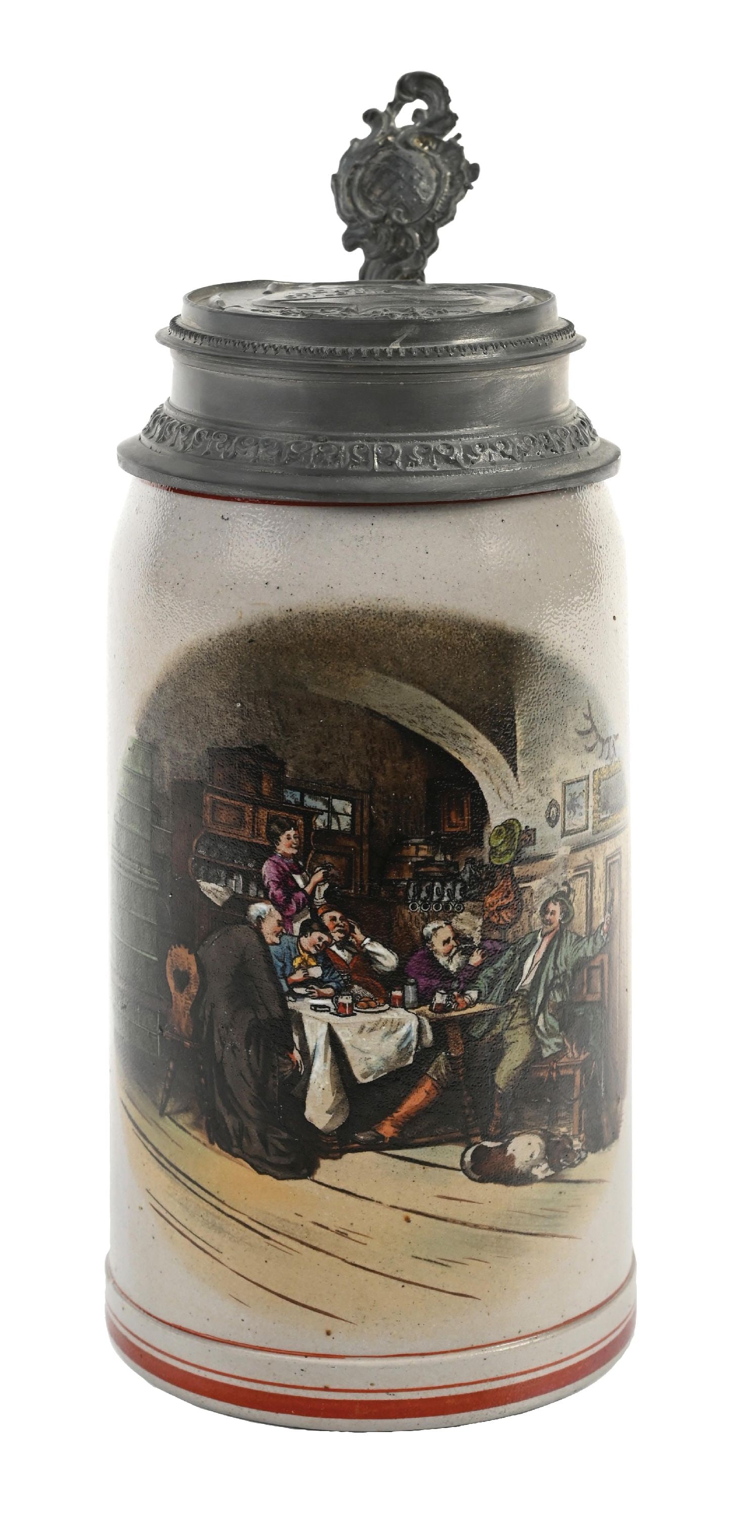 LEMP BREWING CO - 1 LITER - PAINTED MONK PUB SCENE STONEWARE PEWTER LID STEIN (1 of 6)