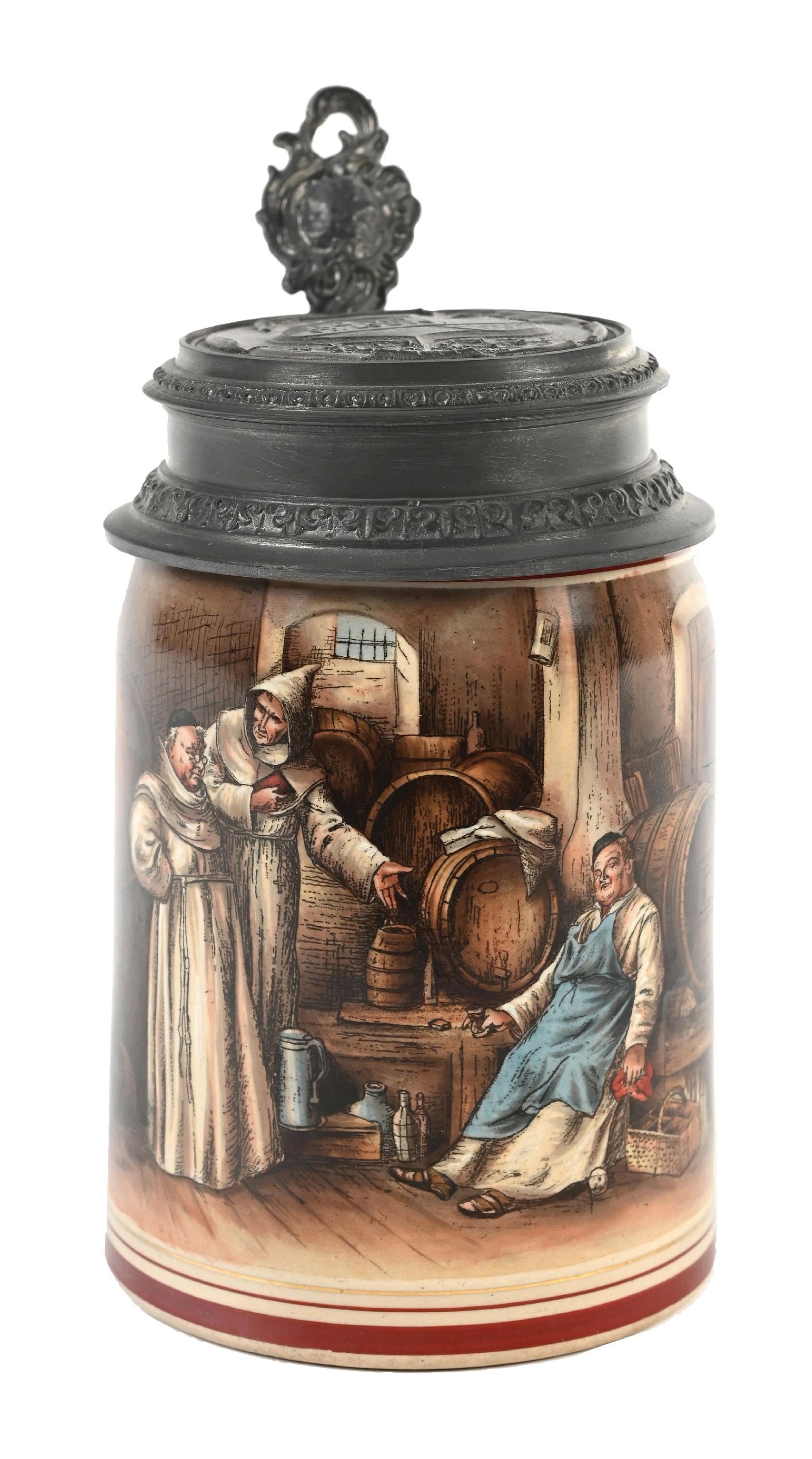 LEMP BREWING CO - 1/2 LITER - ST LOUIS PAINTED PASSED OUT MONK SCENE STONEWARE PEWTER LID STEIN: Early 1900s Lemp Brewery St. Louis, Missouri painted passed out monk pub barrel storage scene stoneware stein with pewter lid. 1/2 Liter. CONDITION: Beautiful example with strong bright colors. Very c