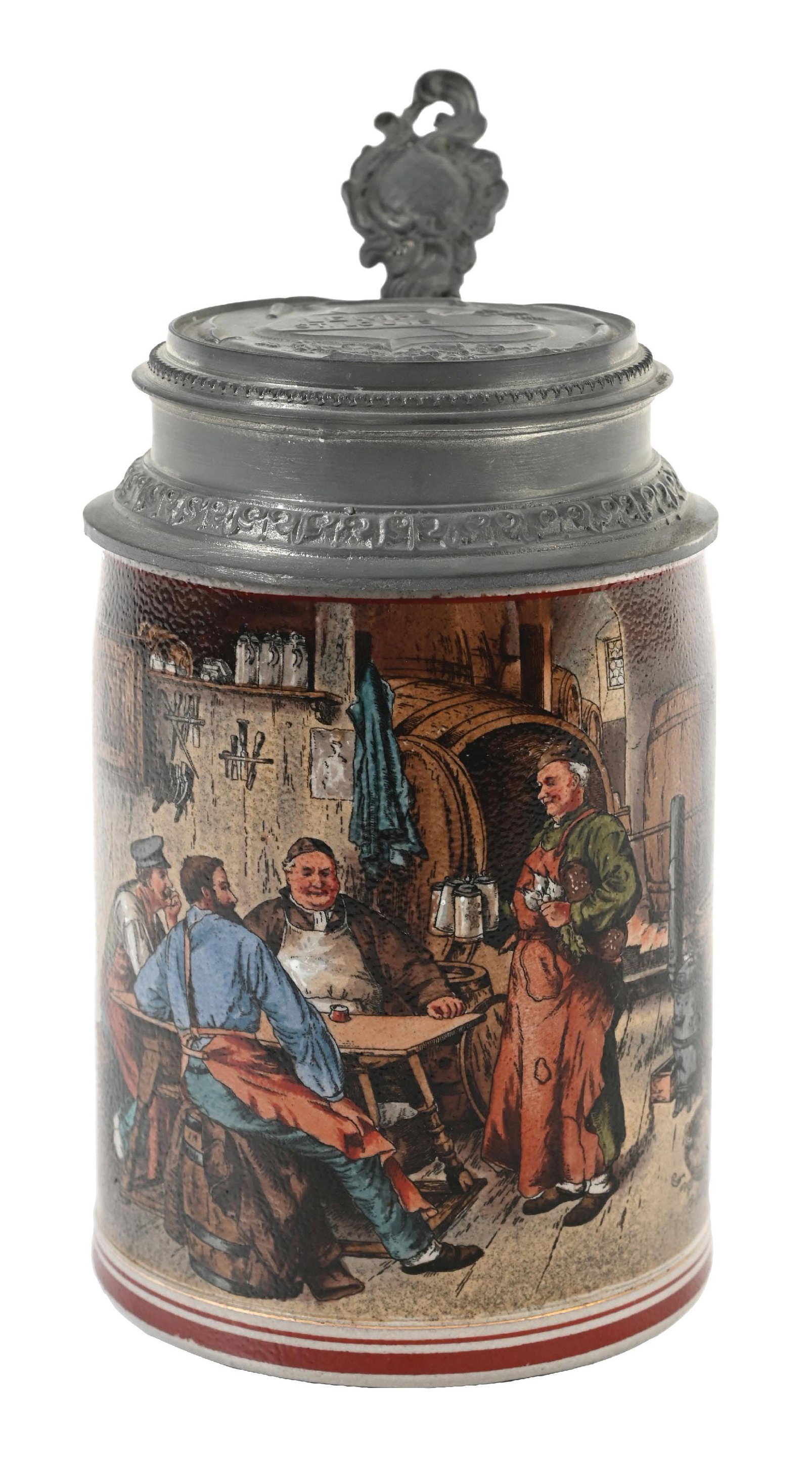 LEMP BREWING CO - 1/2 LITER - ST LOUIS PAINTED MONK PUB SCENE STONEWARE PEWTER LID STEIN: Early 1900s Lemp Brewery St. Louis, Missouri painted monk pub scene stoneware stein with pewter lid. 1/2 Liter. "F" embossed on the bottom. CONDITION: Beautiful example with strong bright colors. Very