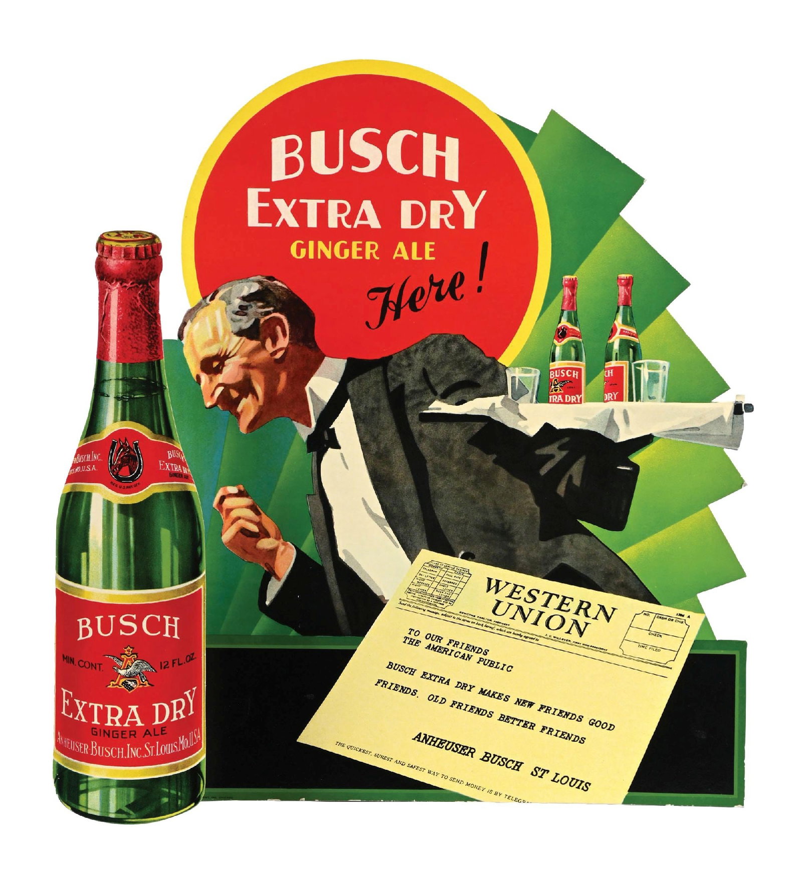 BUSCH EXTRA DRY GINGER ALE HERE! DIE CUT CARDBOARD ADVERTISEMENT (1 of 2)