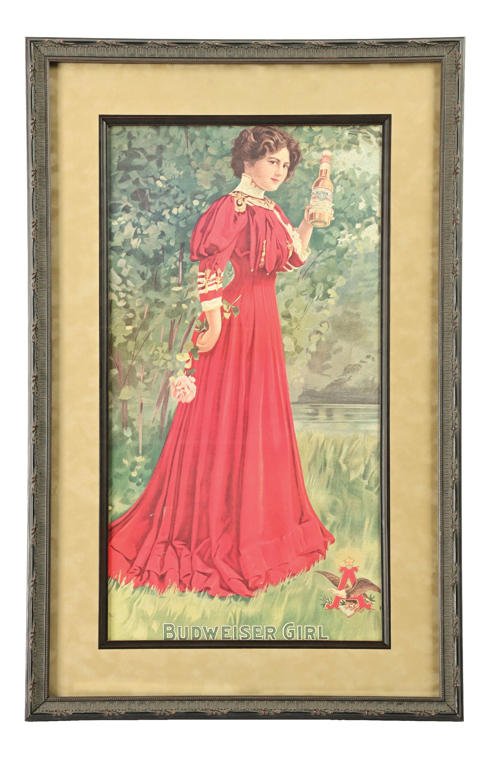 BUDWEISER GIRL RED DRESS LITHOGRAPH: Pre-prohibition. Anheuser-Busch, St. Louis, Missouri. CONDITION: A pre-prohibition lithograph of the famous Budweiser girl. A solid example, with some minor scratching towards the bottom-left side of