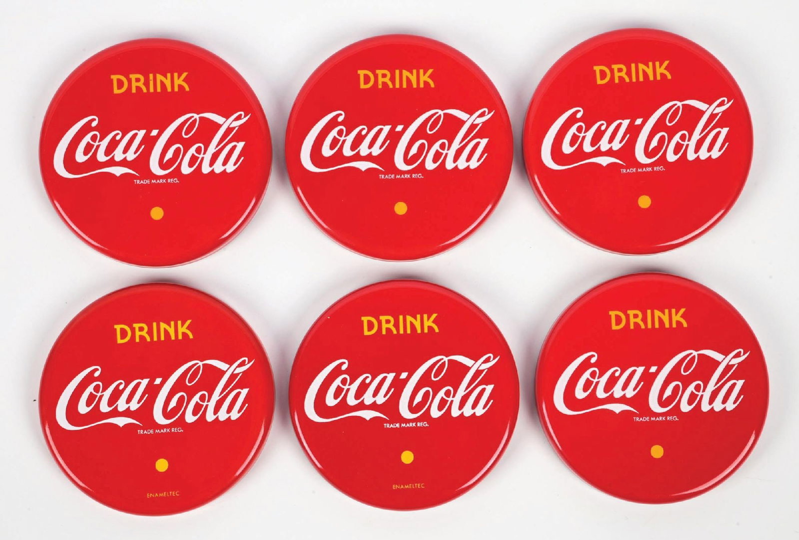 COLLECTION OF 6: COCA-COLA BUTTON STYLE COASTERS: Marked "Enameltec." A nice collection of six porcelain coasters from Coca-Cola. The age is unknown on this set. CONDITION: All remain clean with wonderful color and gloss. Condition: (9.0).