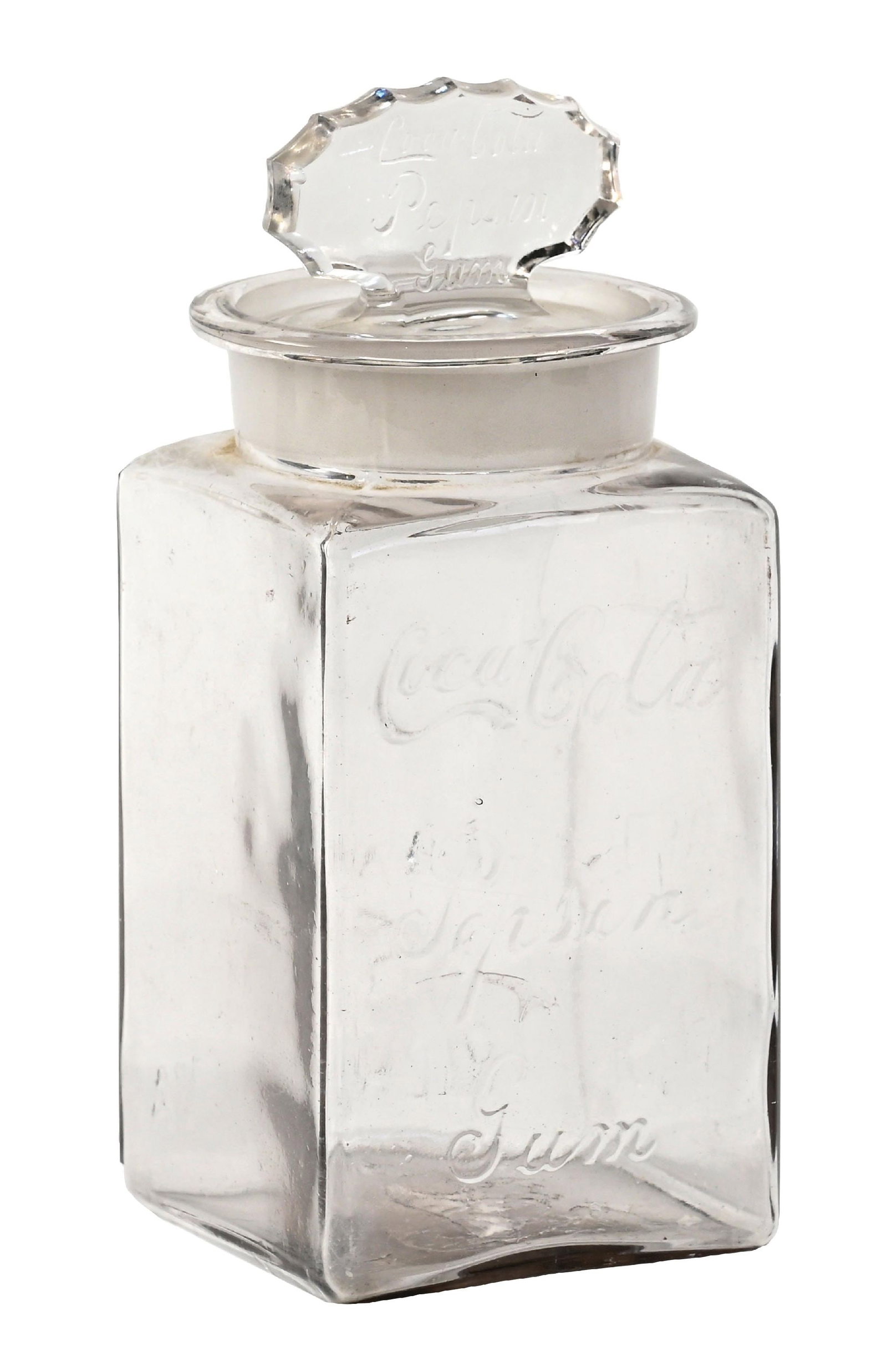 COCA-COLA PEPSIN CHEWING GUM JAR: A nice example of this c. 1910s-1920 glass chewing gum jar from Franklin Caro and Coca-Cola, with both the jar and the lid having the embossed script logo. CONDITION: The jar and the lid remain chip