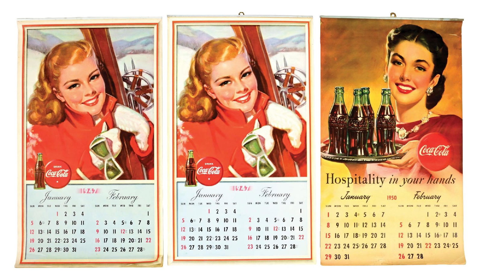COLLECTION OF 3: C. 1947-1950 COCA-COLA CALENDARS: A nice collection of three Coca-Cola paper calendars: two from 1947 and one from 1950. CONDITION: All show light tattering to the outer edges. They are all three complete with all interior pages and m