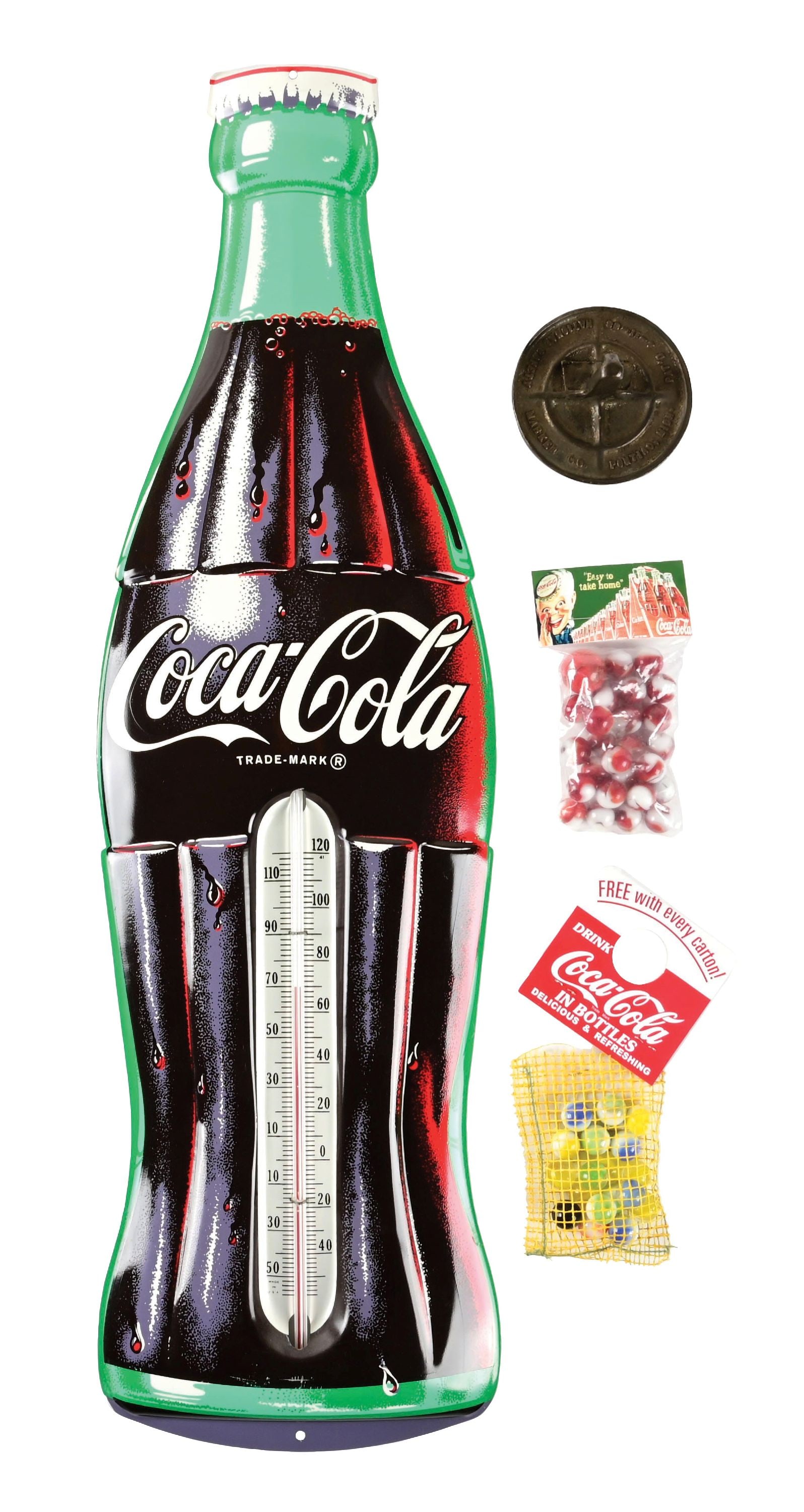 COLLECTION OF 4: COCA-COLA ITEMS: This collection of four Coca-Cola items includes a bottle thermometer, two packs of marble bottle hangers, and a sidewalk safety marker. CONDITION: The thermometer is newer and remains in mint conditi